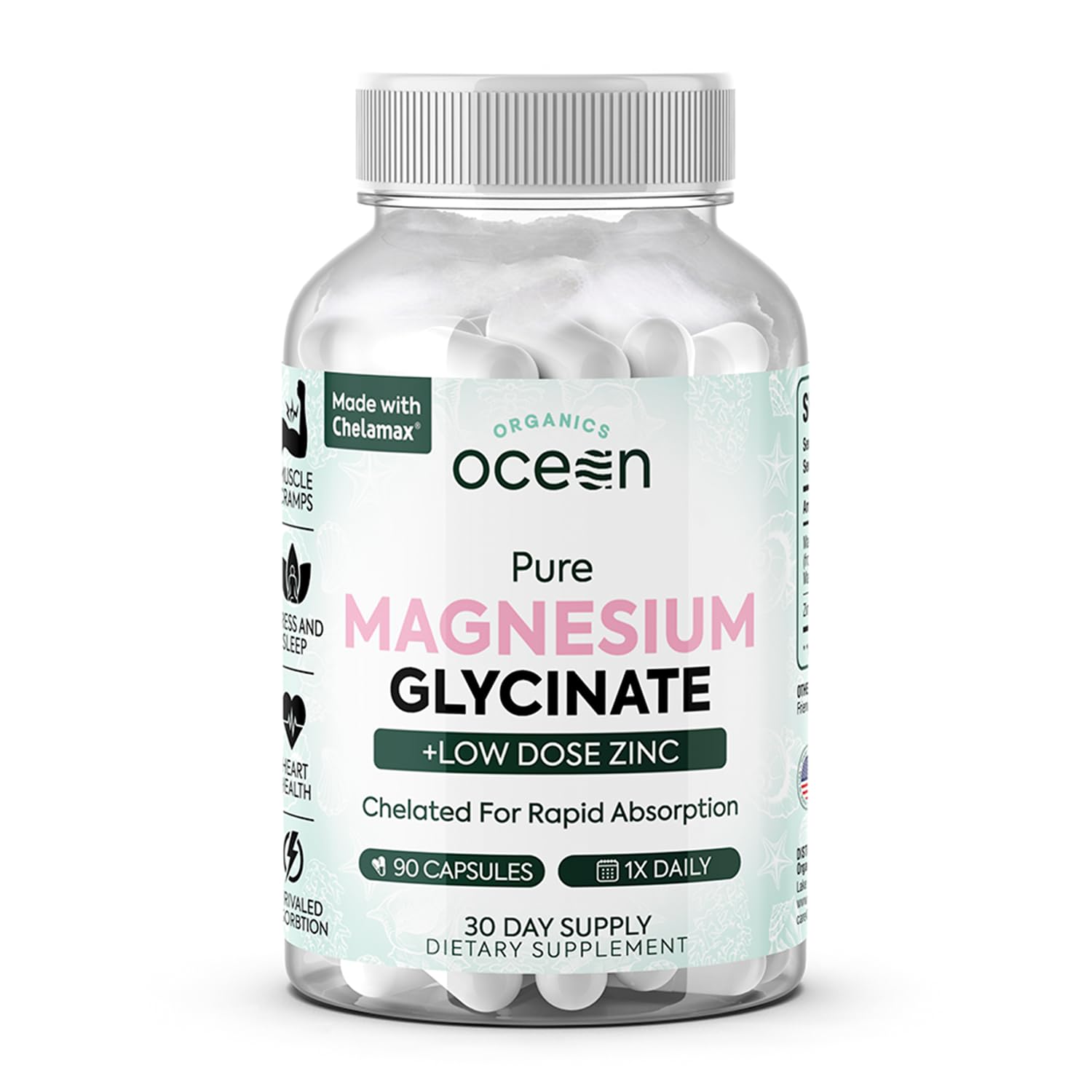 Organics Ocean : bouteille de magnésium glycinate et zinc, soutien potentiel au sommeil.