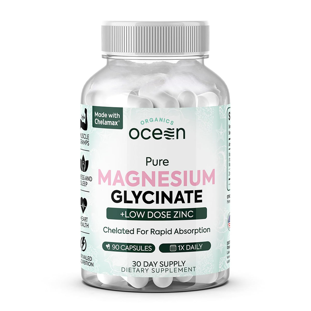 Organics Ocean : bouteille de magnésium glycinate et zinc, soutien potentiel au sommeil.
