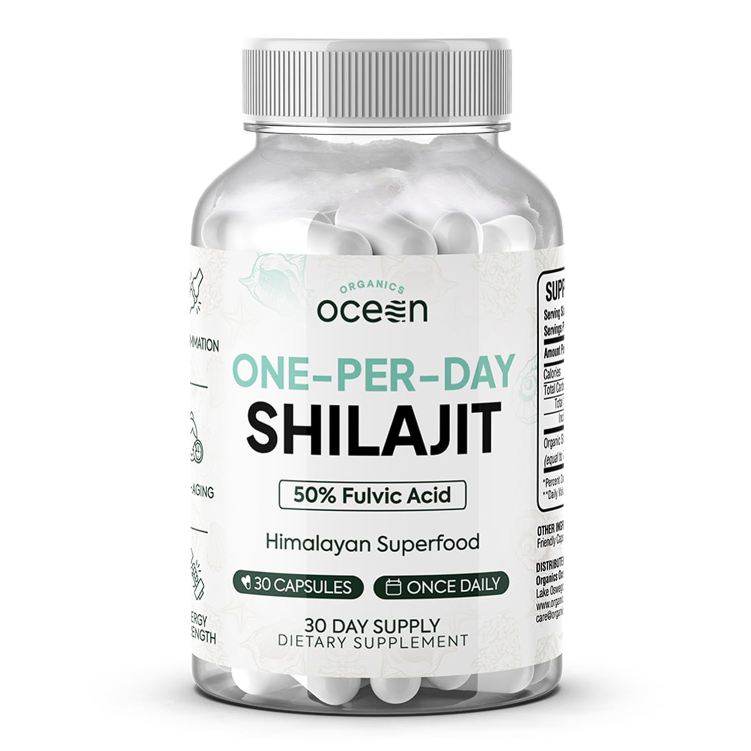 Organics Ocean Shilajit, bouteille de capsules, énergie naturelle potentielle pour le quotidien