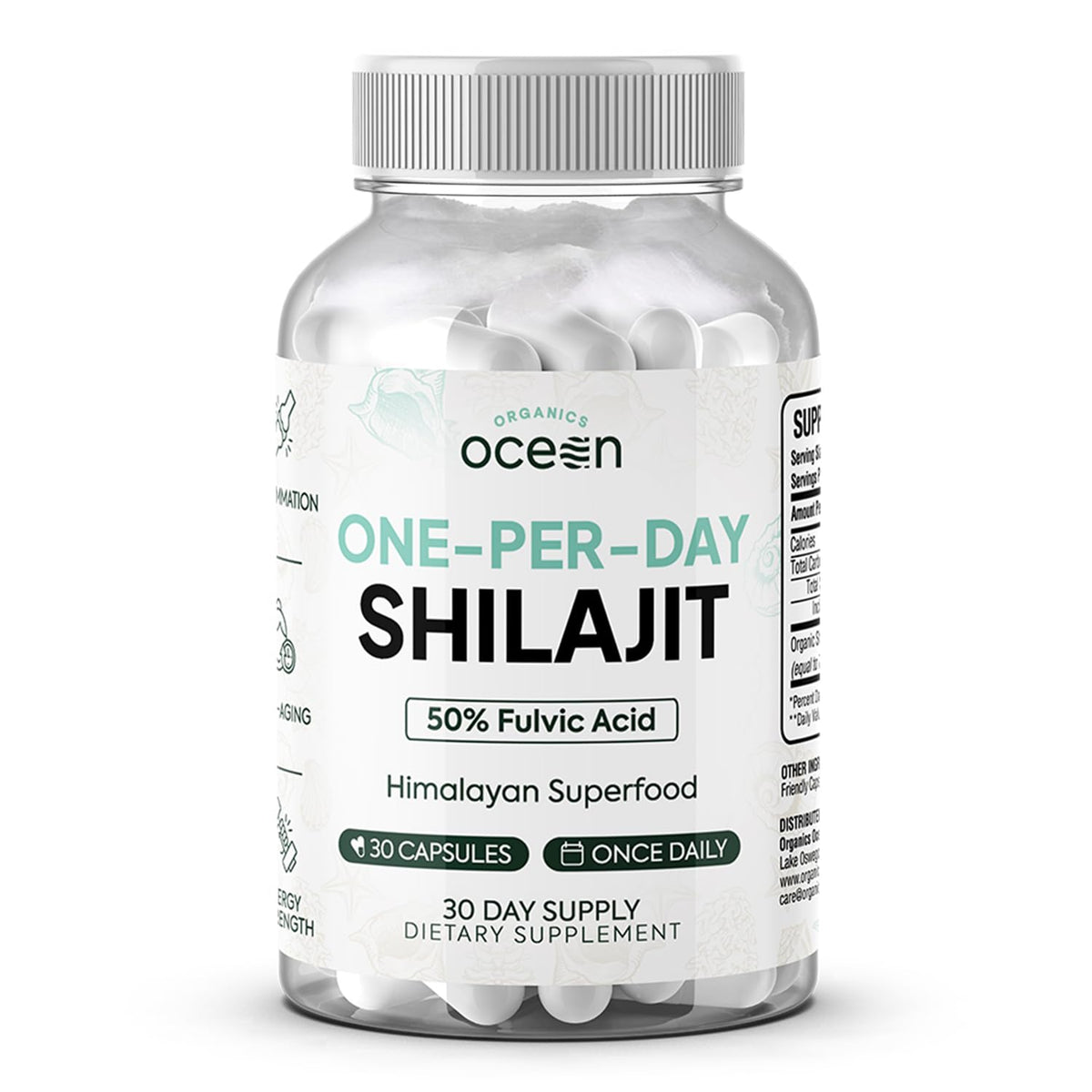 Organics Ocean Shilajit, bouteille de capsules, énergie naturelle potentielle pour le quotidien