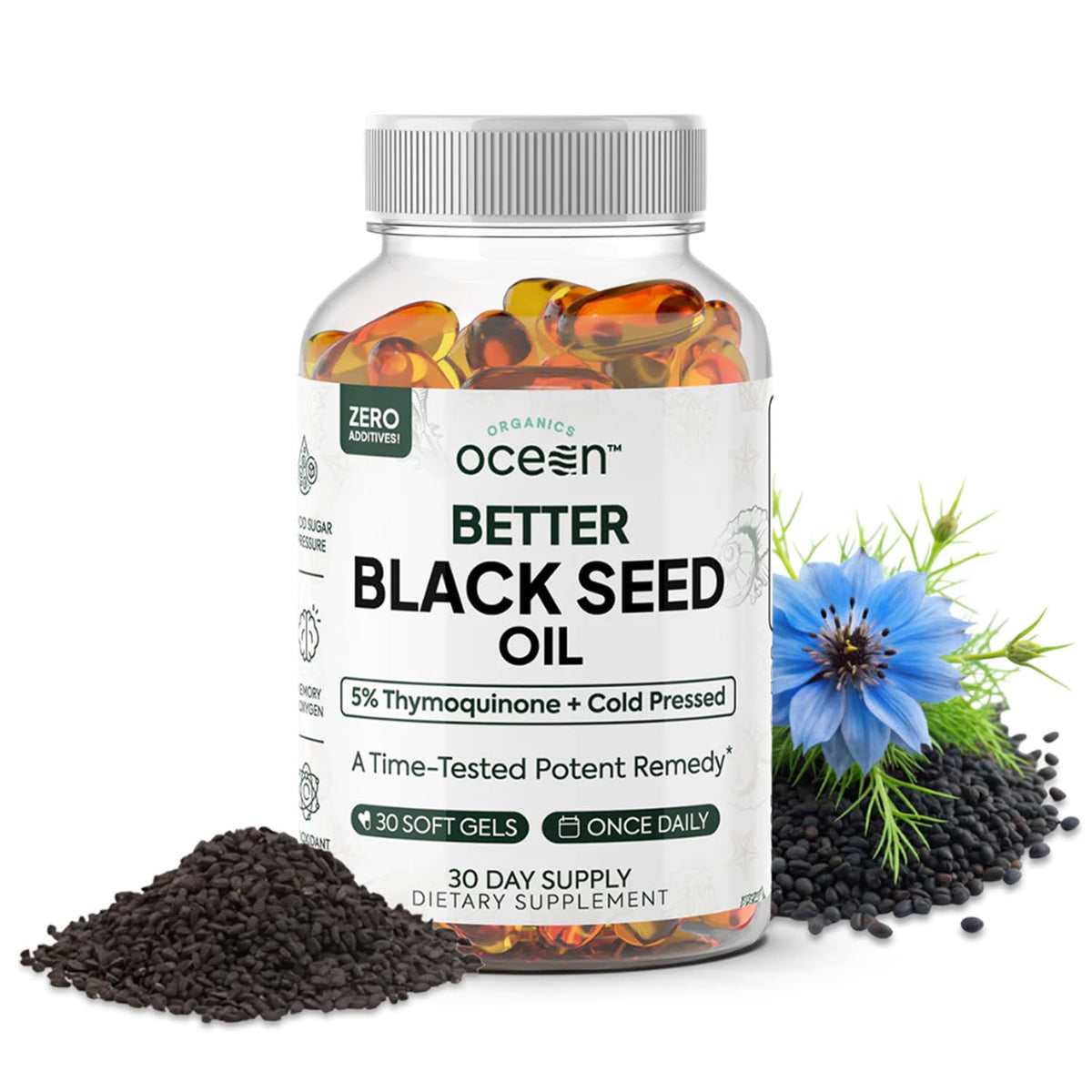 Organics Ocean Better Huile de Nigelle en bouteille, soutien potentiel immunitaire.