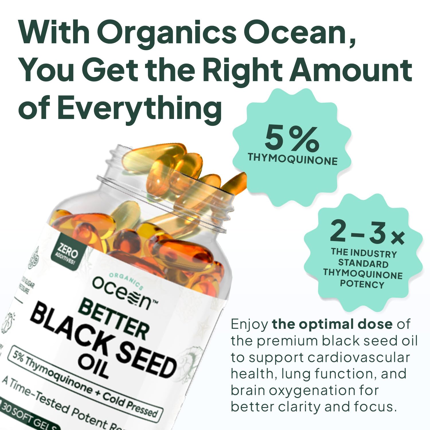 Étiquette Organics Ocean Better Huile de Nigelle, pureté sans additifs et conservateurs.