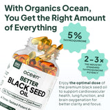 Étiquette Organics Ocean Better Huile de Nigelle, pureté sans additifs et conservateurs.