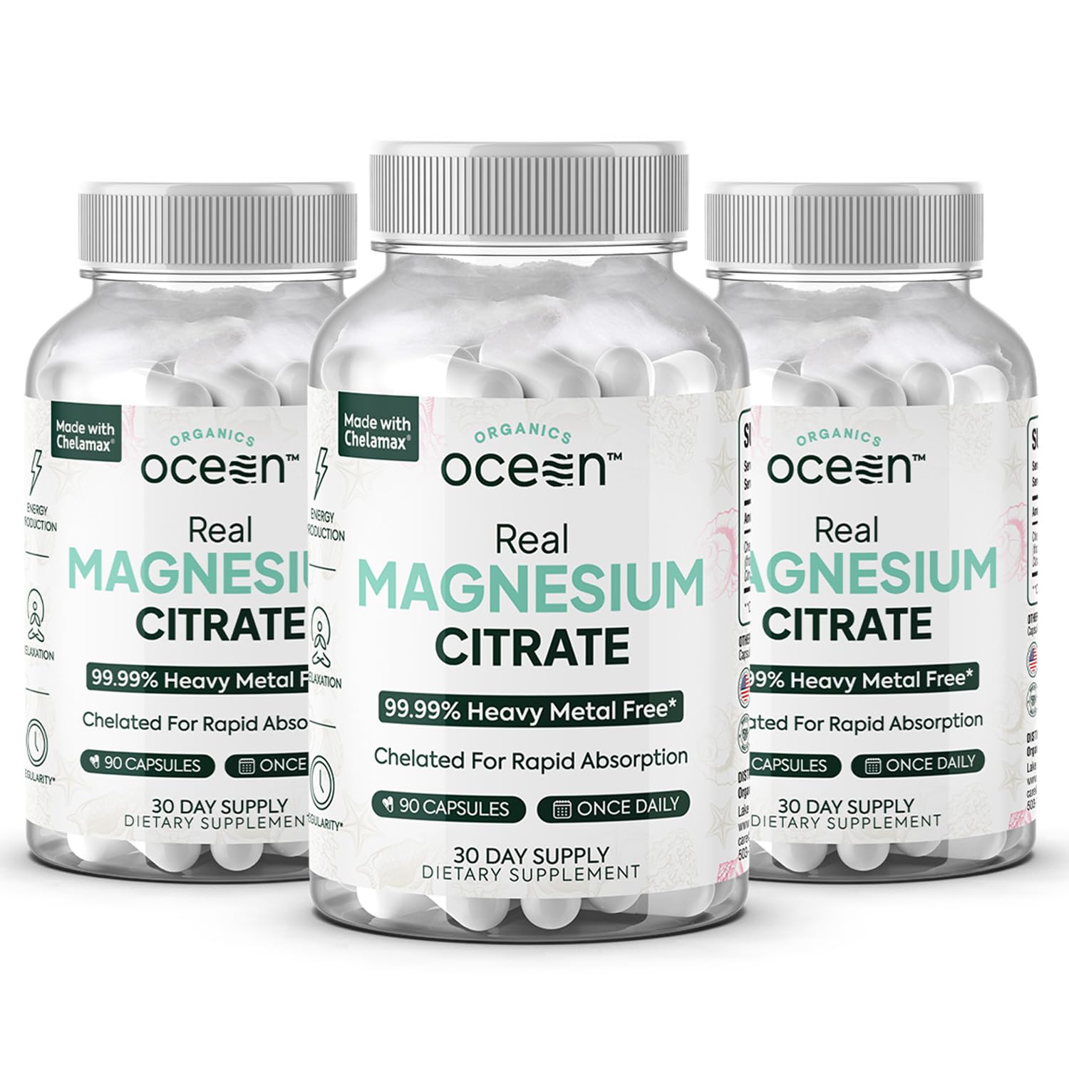 Organics Ocean Real Magnésium Citrate – bouteille montrant le flacon, énergie potentielle et pureté.