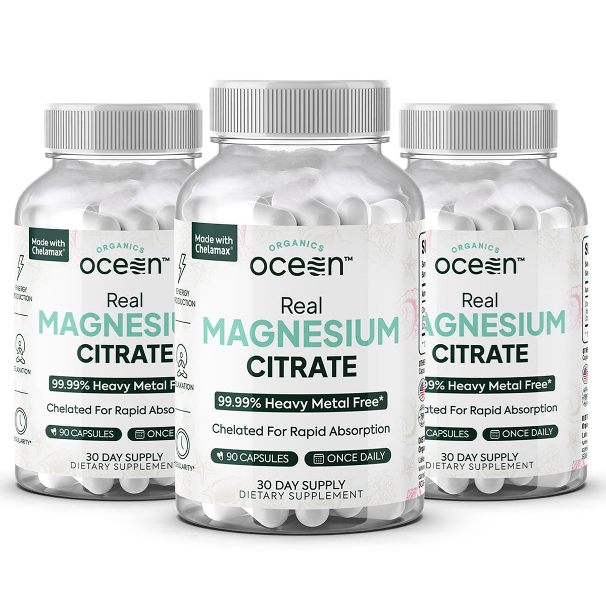 Organics Ocean Real Magnésium Citrate – bouteille montrant le flacon, énergie potentielle et pureté.