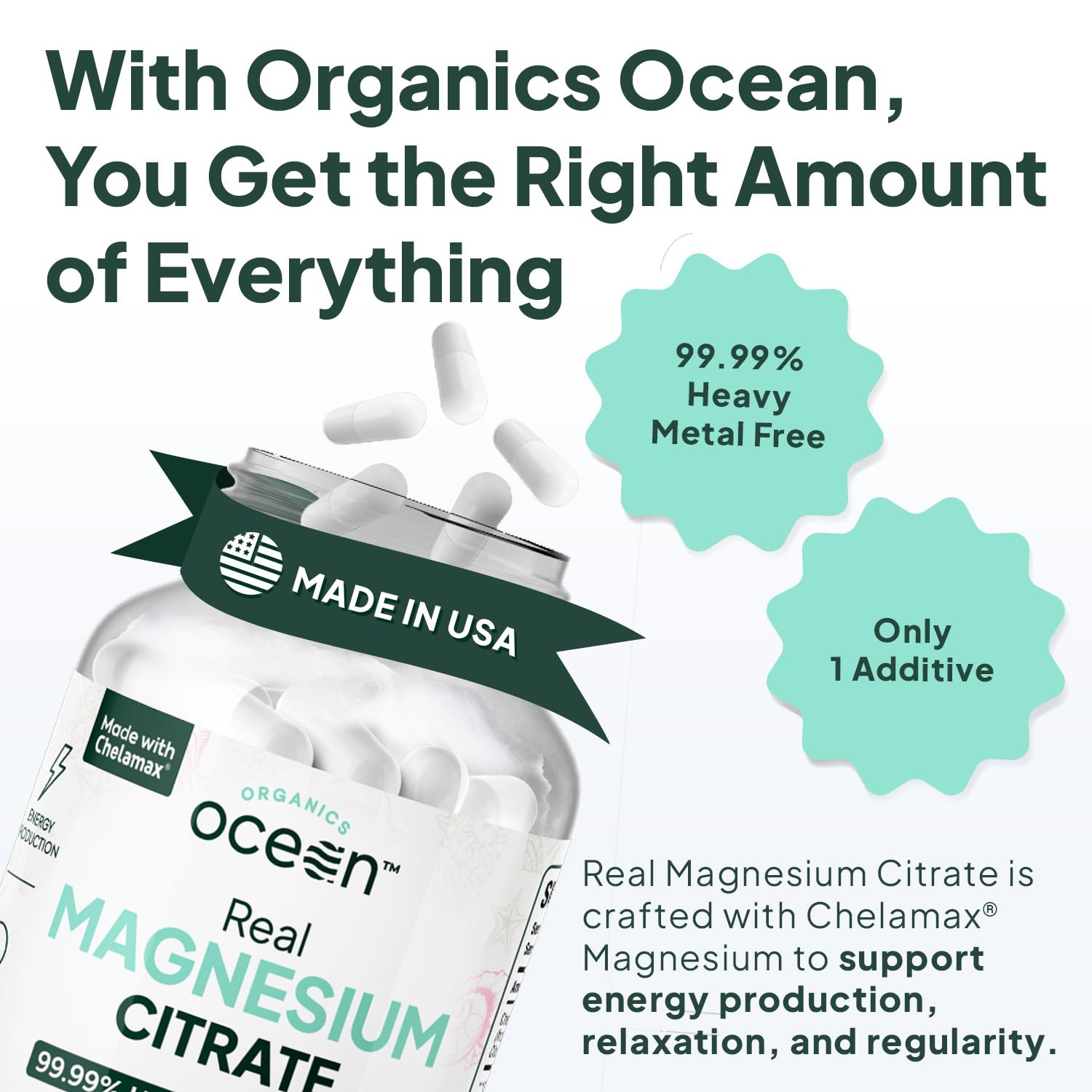 Organics Ocean Real Magnesium Citrate: étiquette clairement indiquée, pureté élevée et absence d additifs superflus