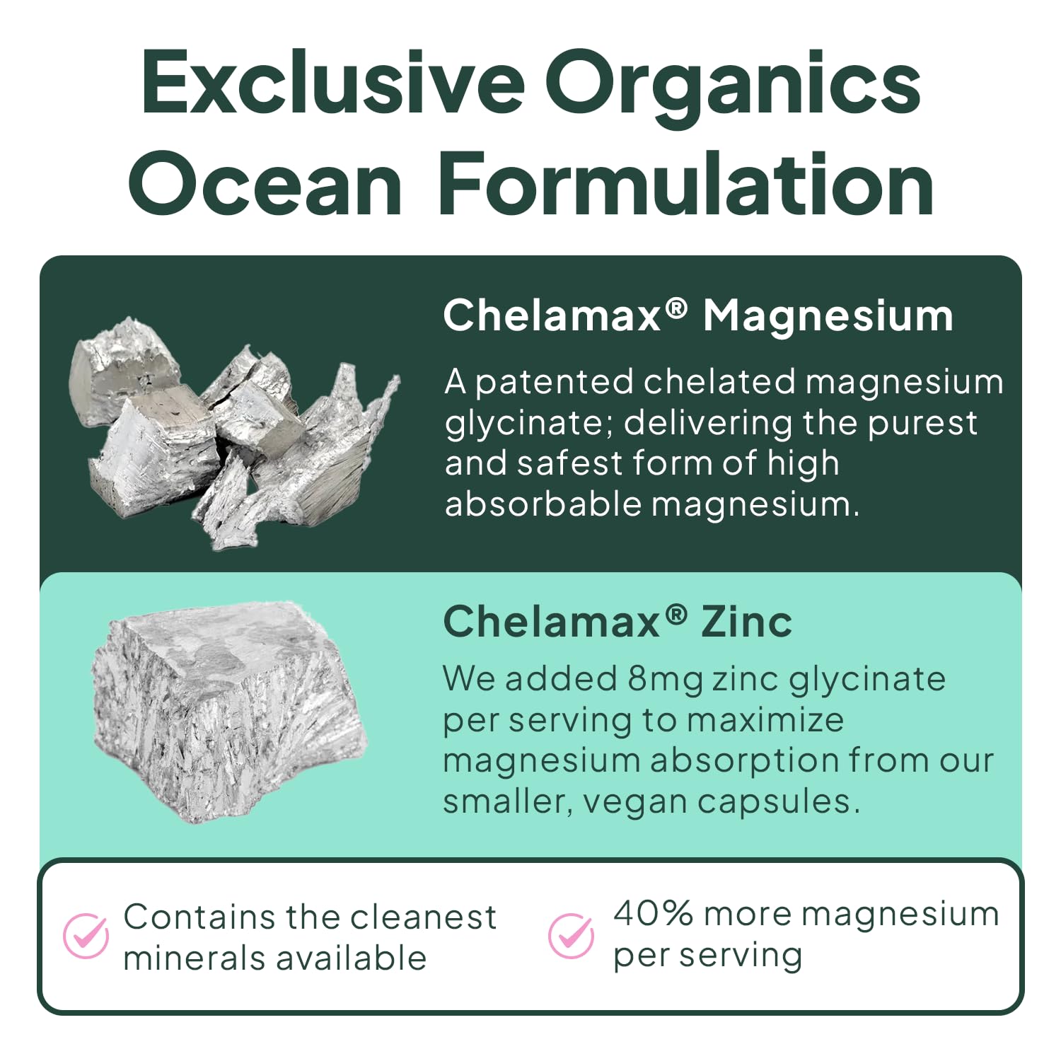 Organics Ocean : tableau des ingrédients mettant en valeur magnésium et zinc.