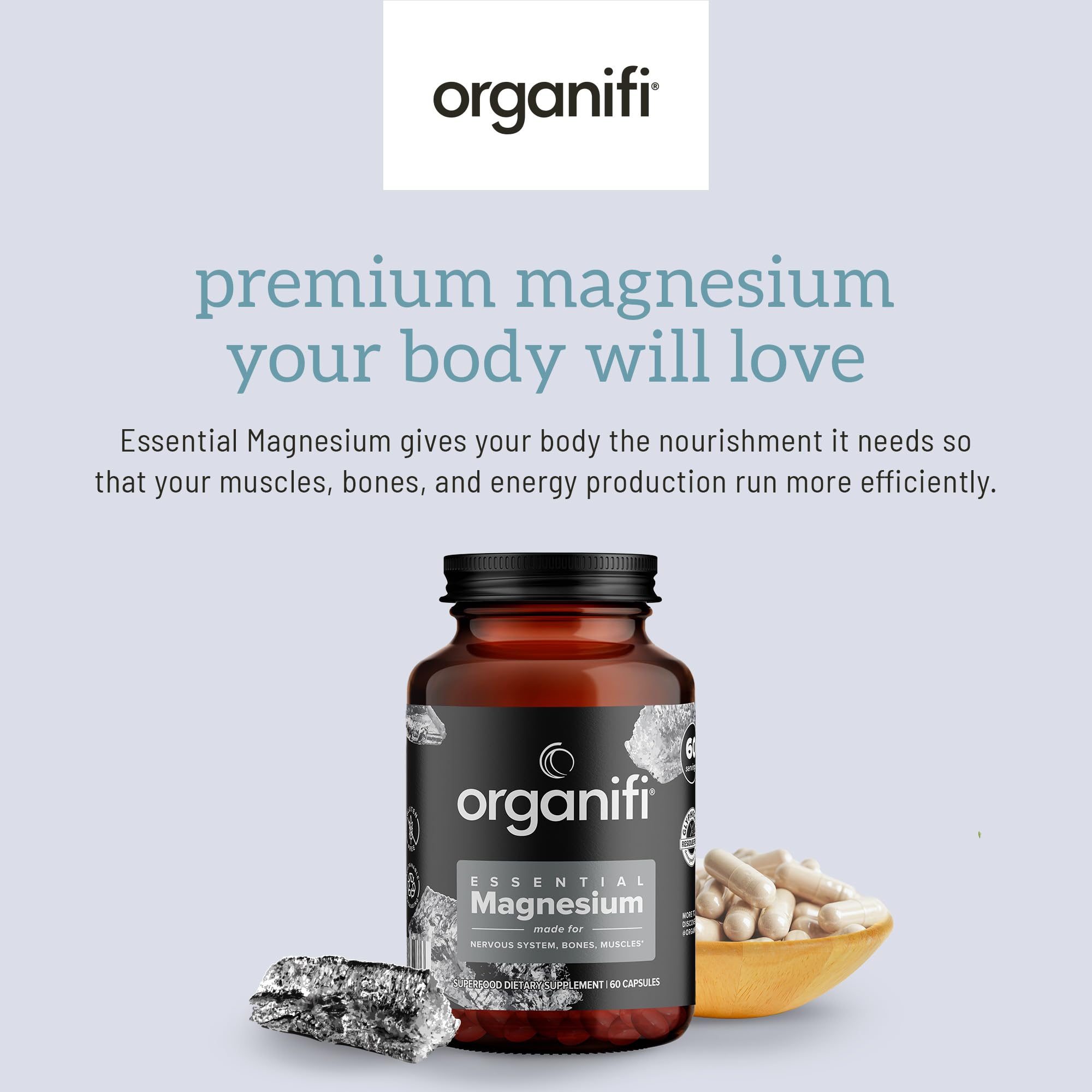 Organifi Essential Magnesium Glycinate — étiquette claire avec informations nutritionnelles et qualité.