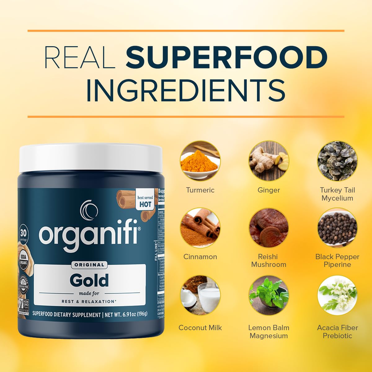 Organifi Gold : contient poivre noir, aide à l absorption des nutriments.