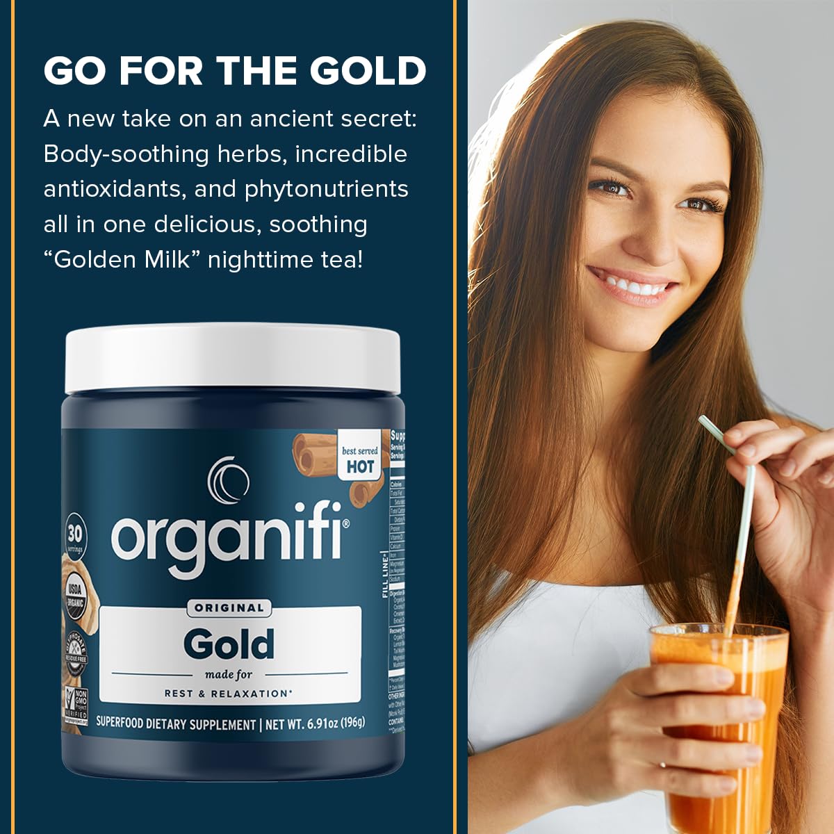 Organifi Gold : ingrédients curcuma et mélisse, période détente du soir.