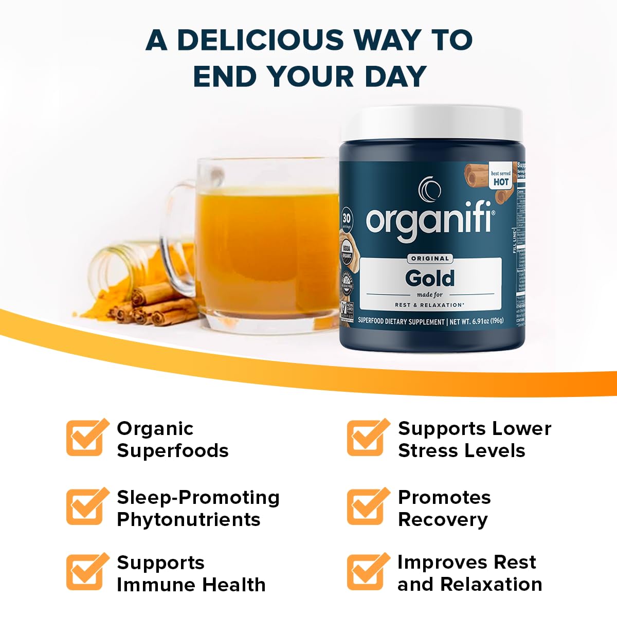 Organifi Gold : mélange nocturne avec reishi, soutien relaxant pour le sommeil.