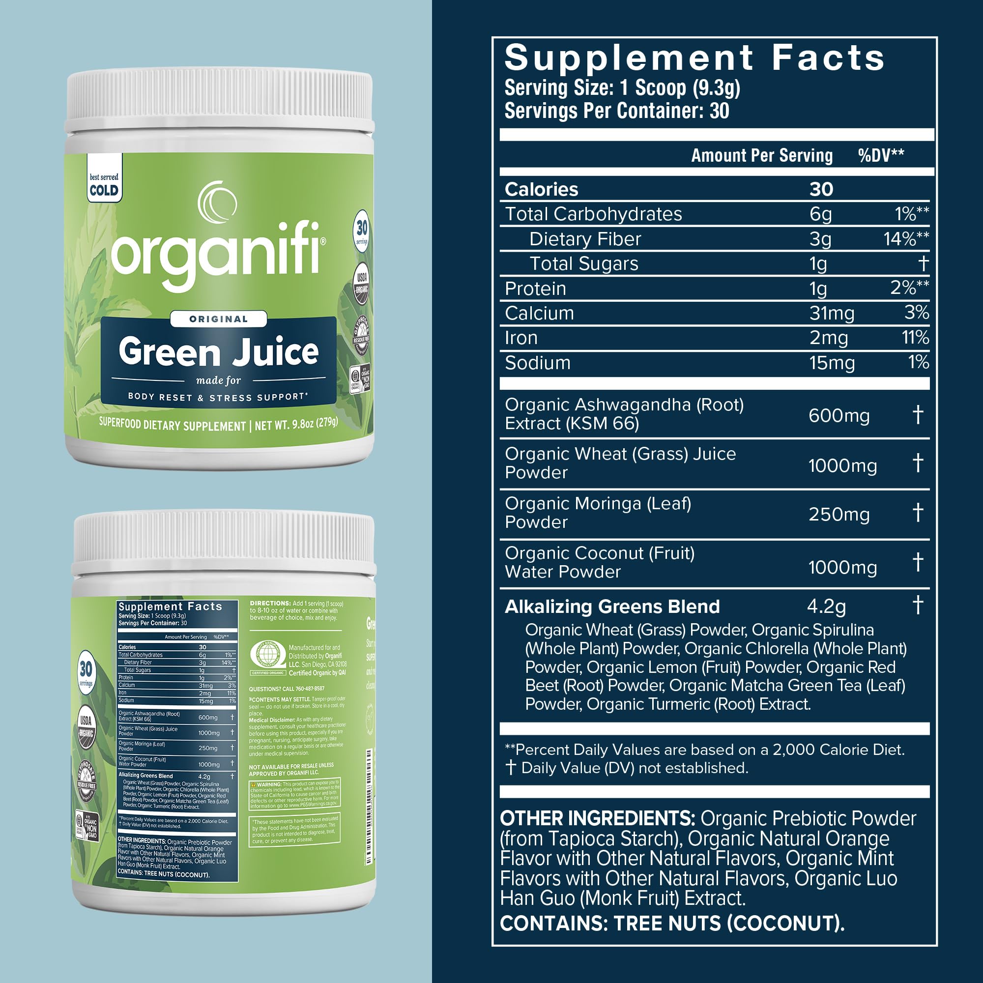 Organifi Green Juice – ingrédients chlorelle-moringa, soutien detox léger.