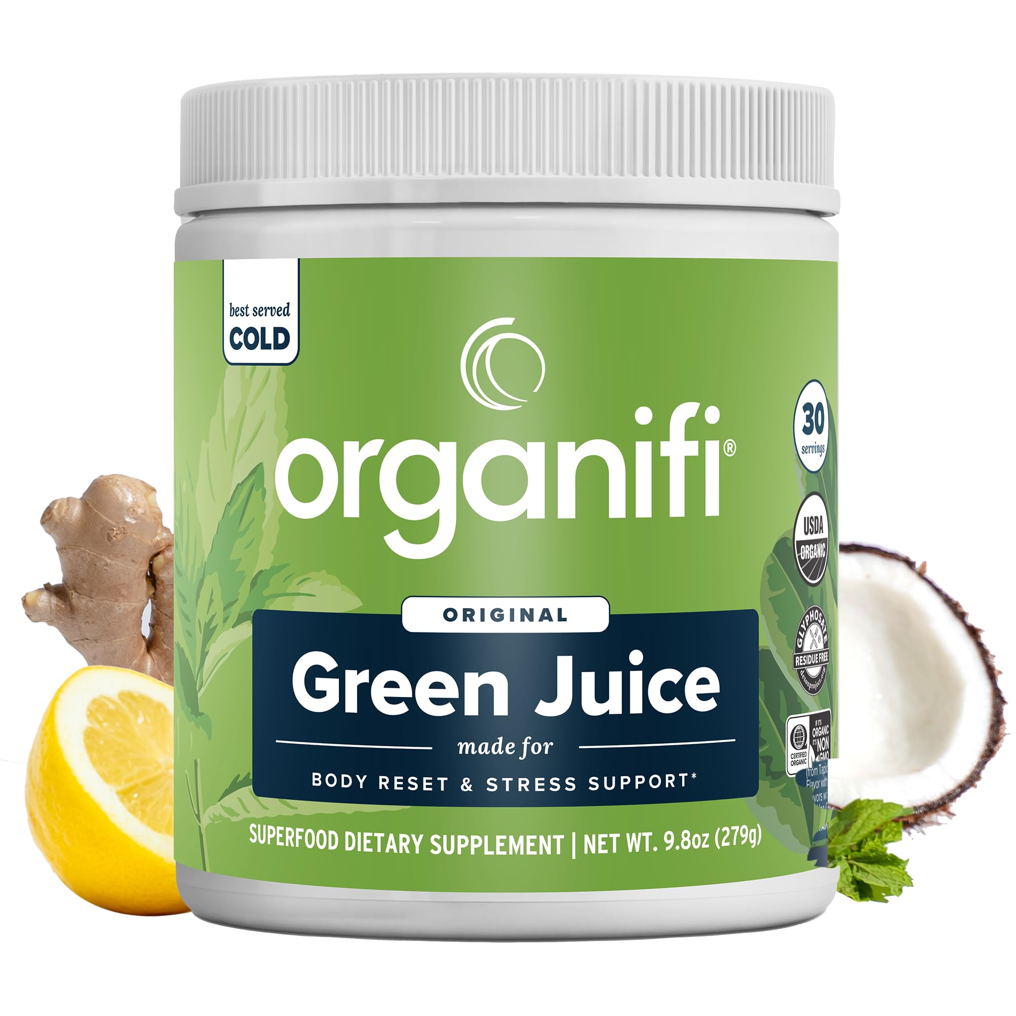 Organifi Green Juice – poudre spiruline-ashwagandha, énergie matinale potentielle.