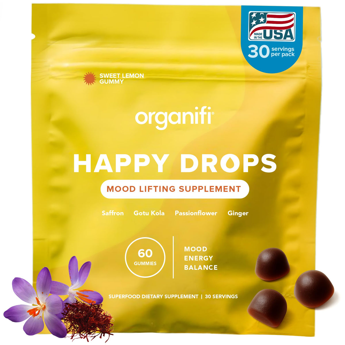 Organifi Happy Drops – bouteille citron, soutien léger d'humeur et énergie naturelle.