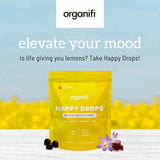 Organifi Happy Drops – ingrédients saffran et plantes, goût citron et calme intérieur.