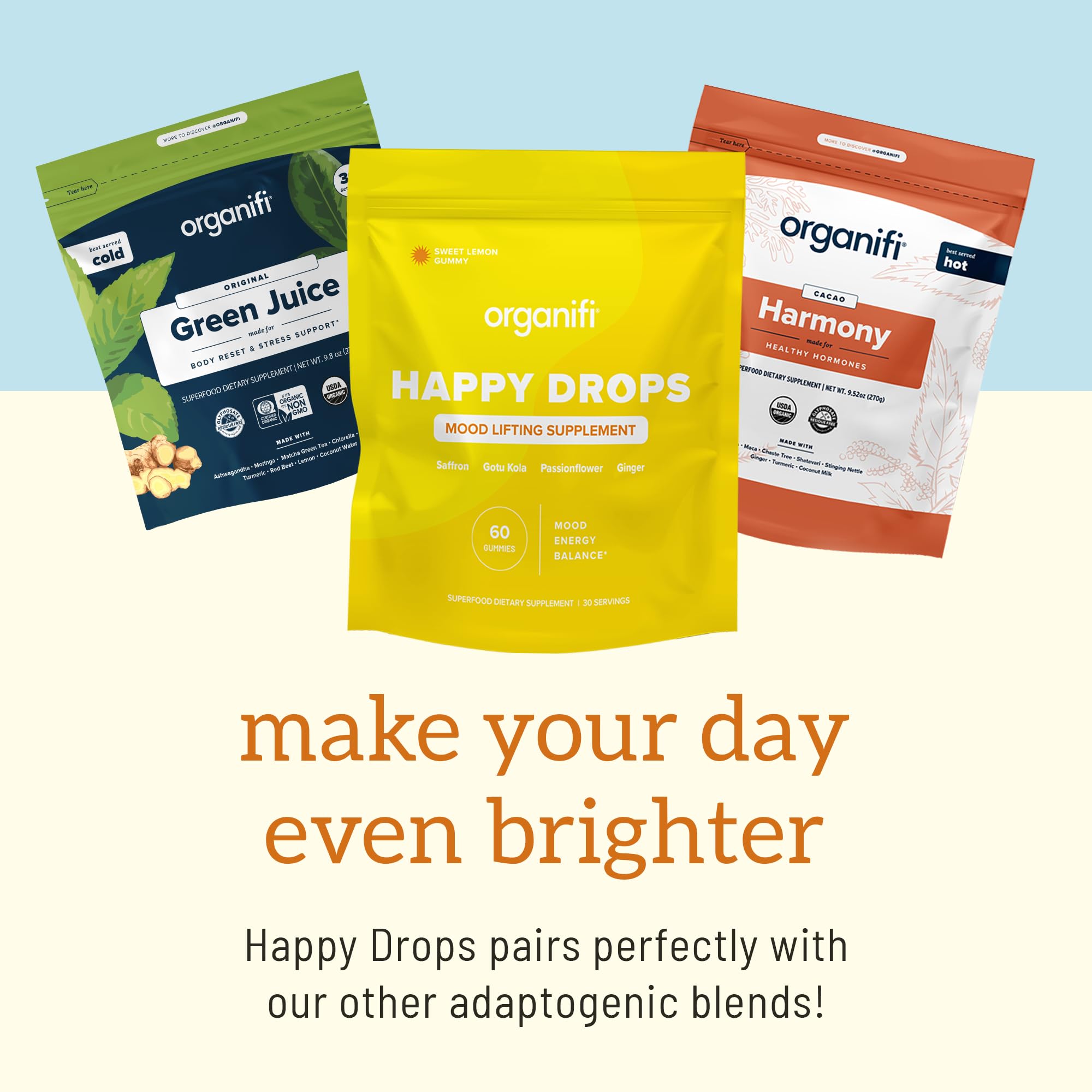Organifi Happy Drops – ingrédients à base de plantes, sans gluten ni lactose.
