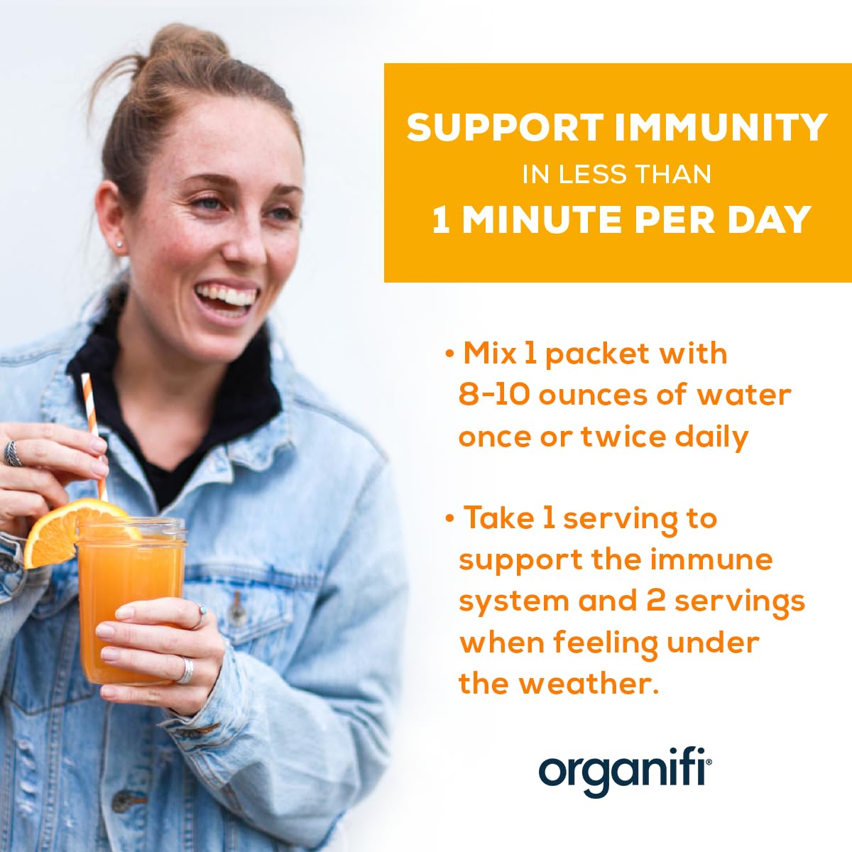 Organifi Immunité – sachet portable, pratique à emporter et consommer rapidement.