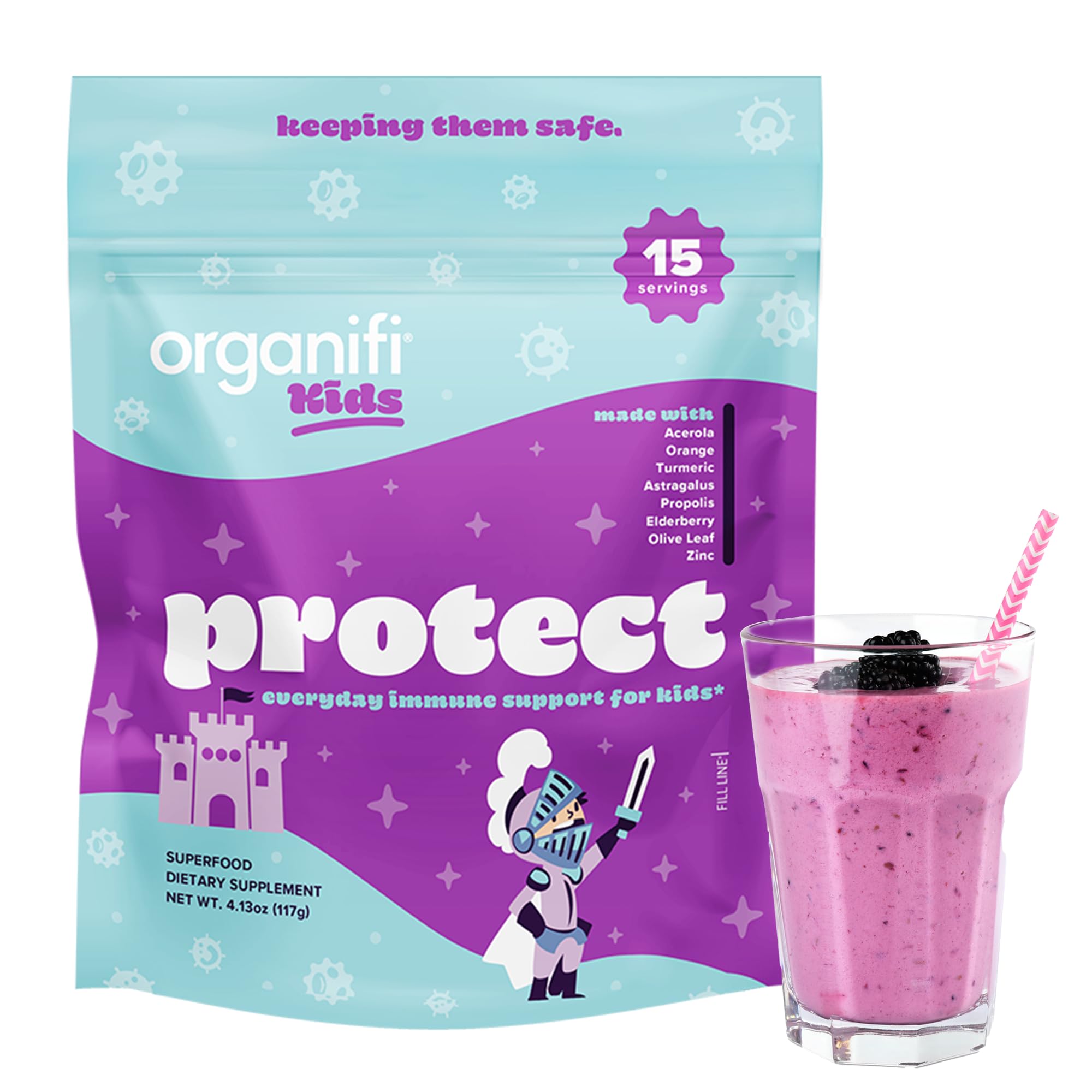 Organifi Protect pour enfants — poudre immunitaire prête à mélanger dans une boisson fruits rouges.