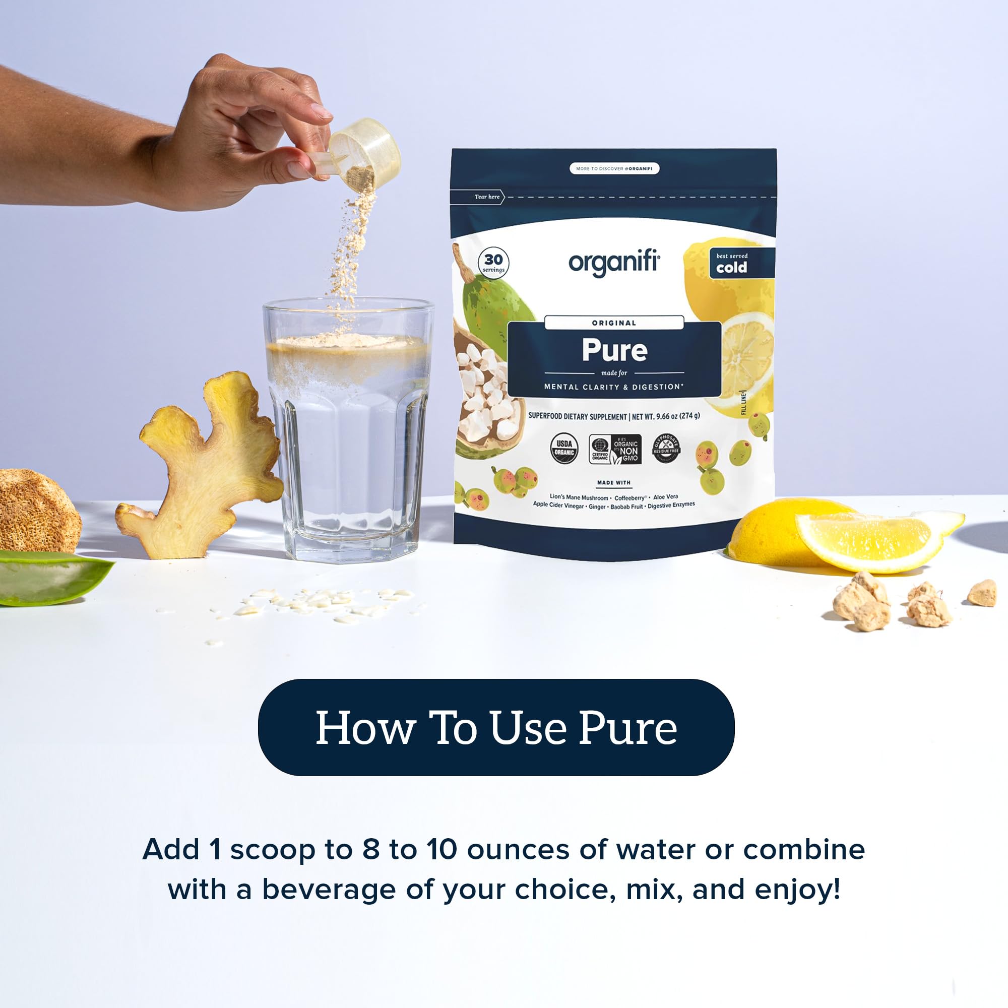 Organifi Pure, emballage élégant, pratique à intégrer dans votre routine saine.