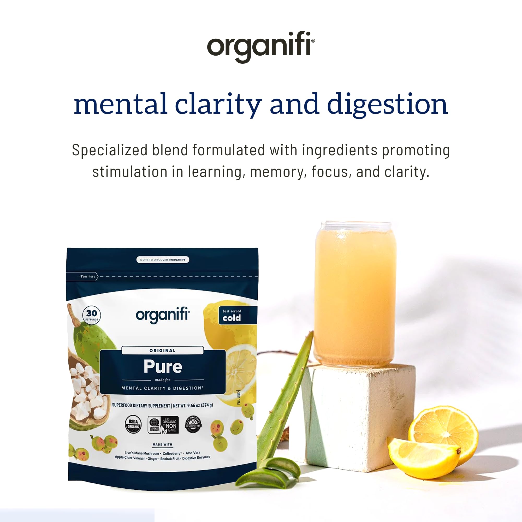 Organifi Pure, scoop et poudre, préparation rapide pour mémoire et apprentissage.