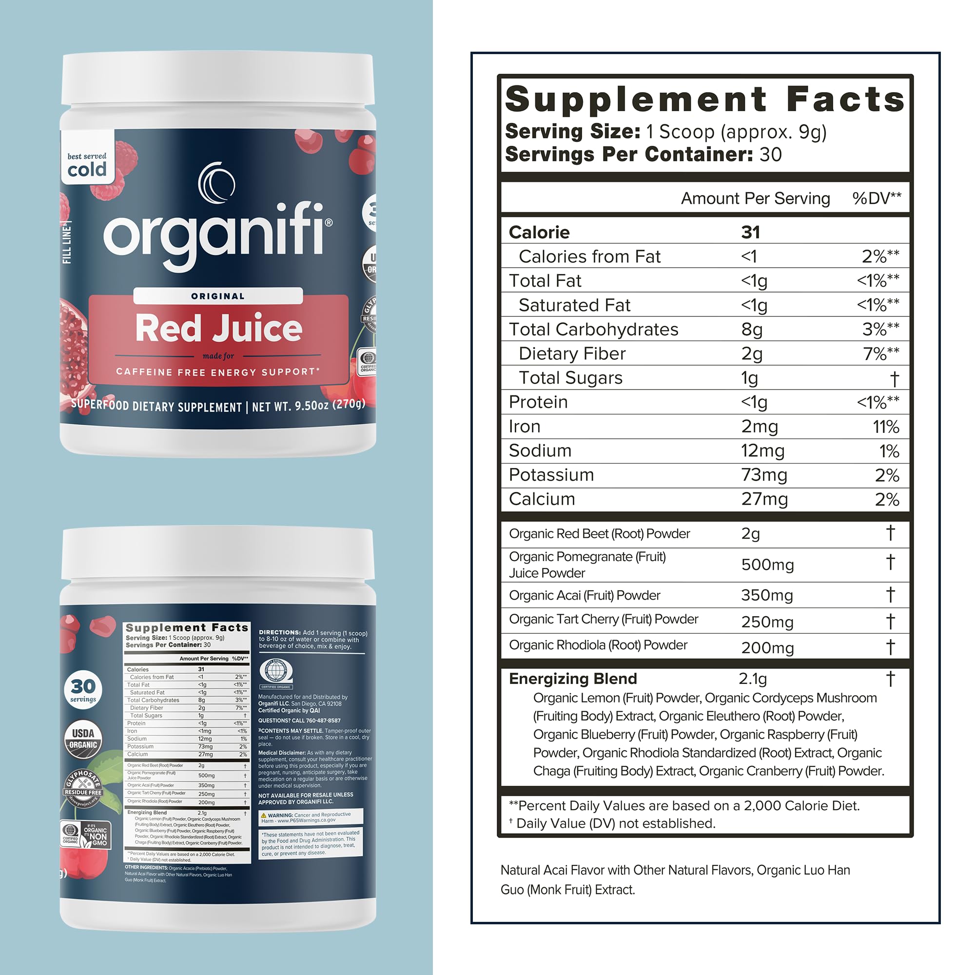 Organifi Red Juice – dose de poudre favorisant énergie et concentration sans caféine.
