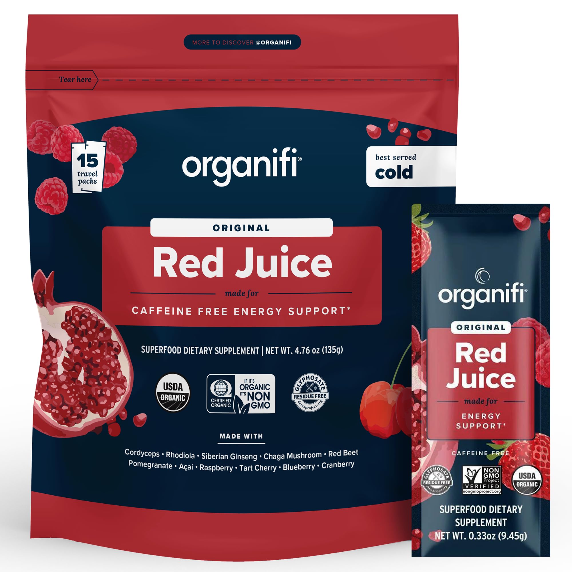 Organifi Red Juice – emballage sachets pratique pour une énergie équilibrée en déplacement.
