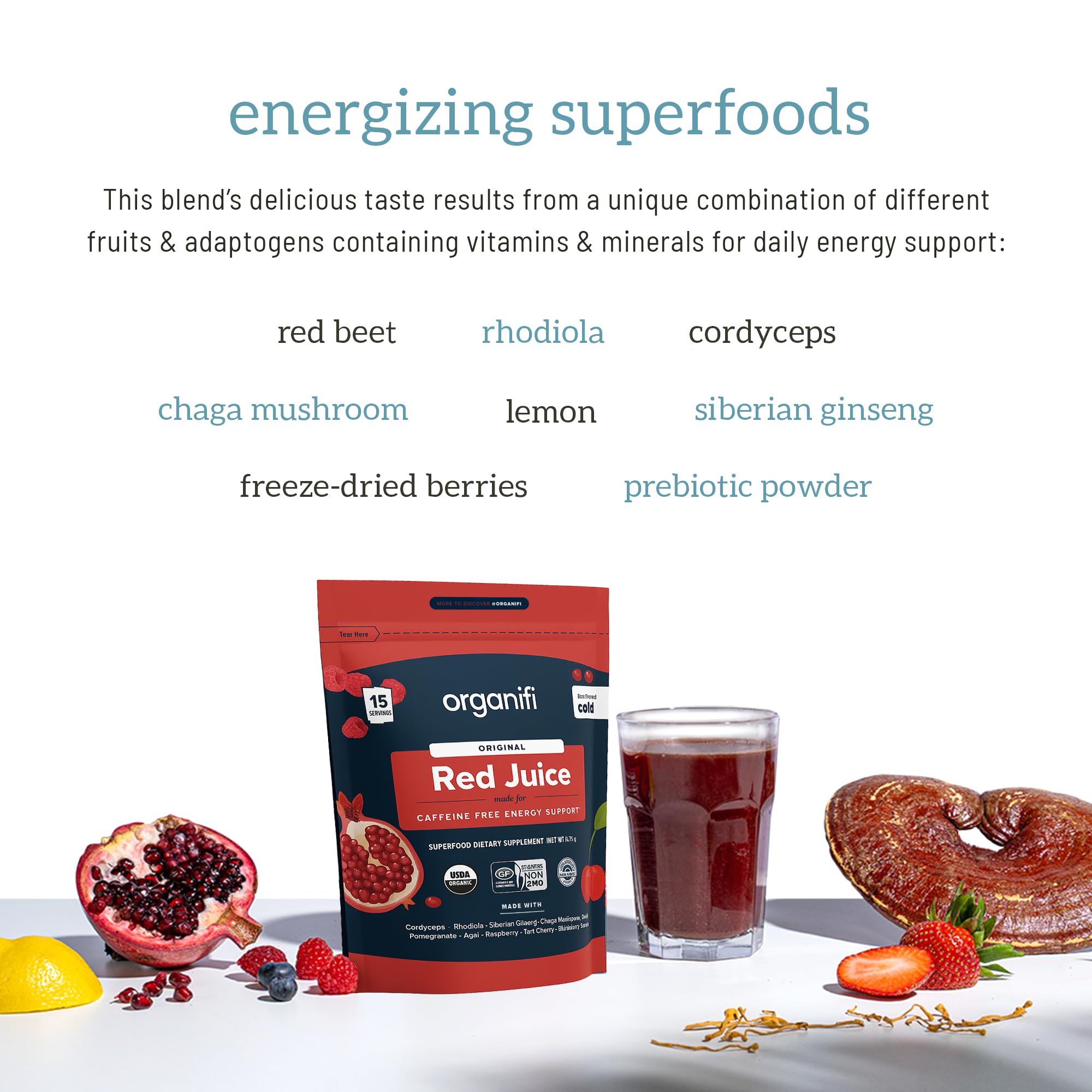 Organifi Red Juice – mélange chaga et cordyceps pour l’endurance et la concentration.