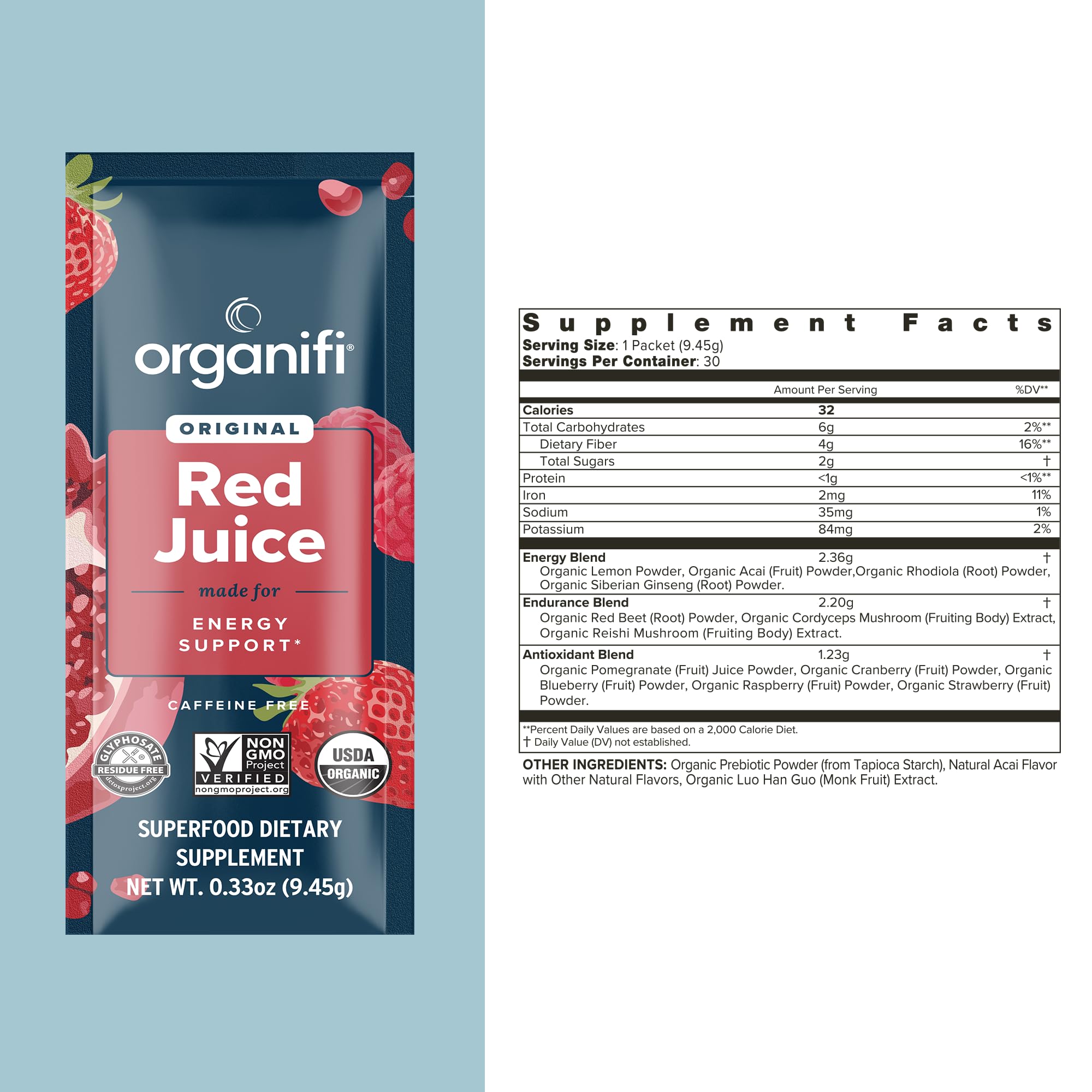Organifi Red Juice – poudre énergie prête à être mélangée dans un smoothie.