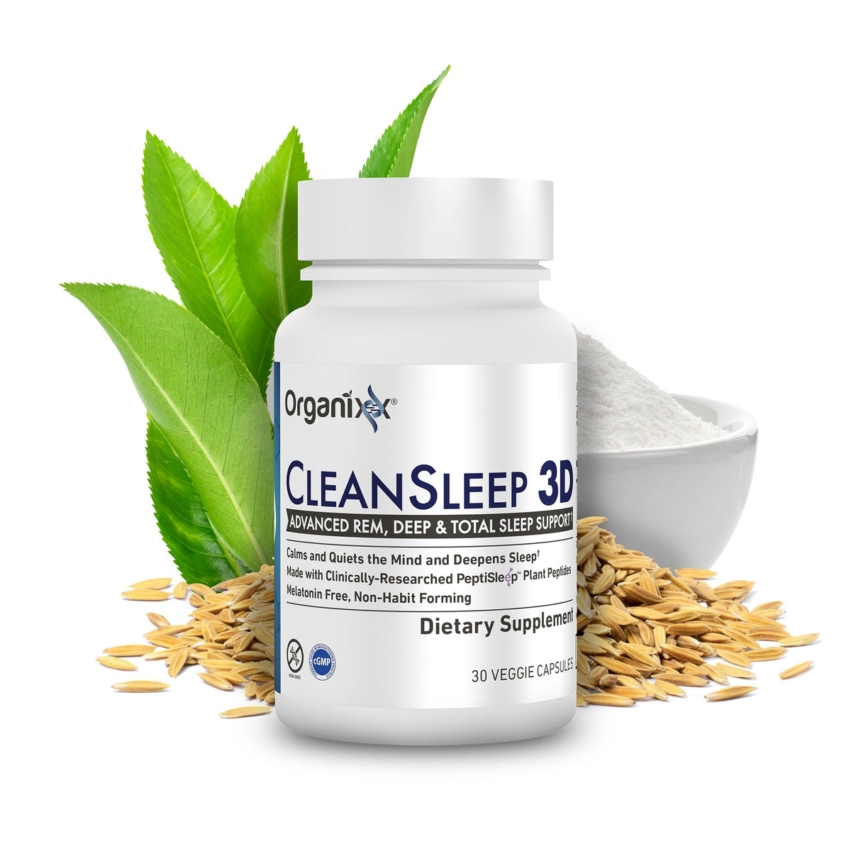 Organixx Clean Sleep 3D: bouteille avant, routine nocturne calme.