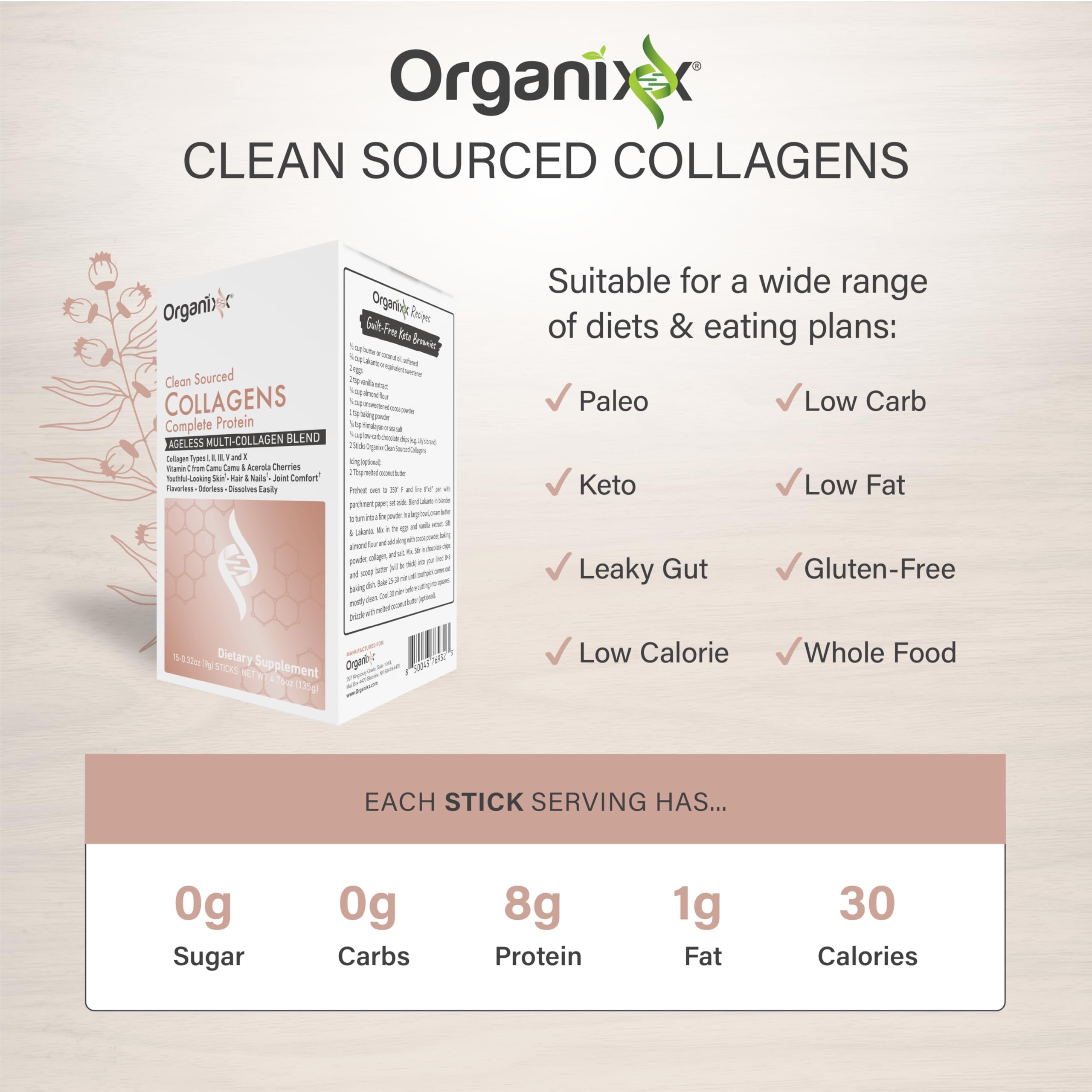 Organixx Clean-Sourced Collagen poudre neutre qui se dissout rapidement dans l'eau.