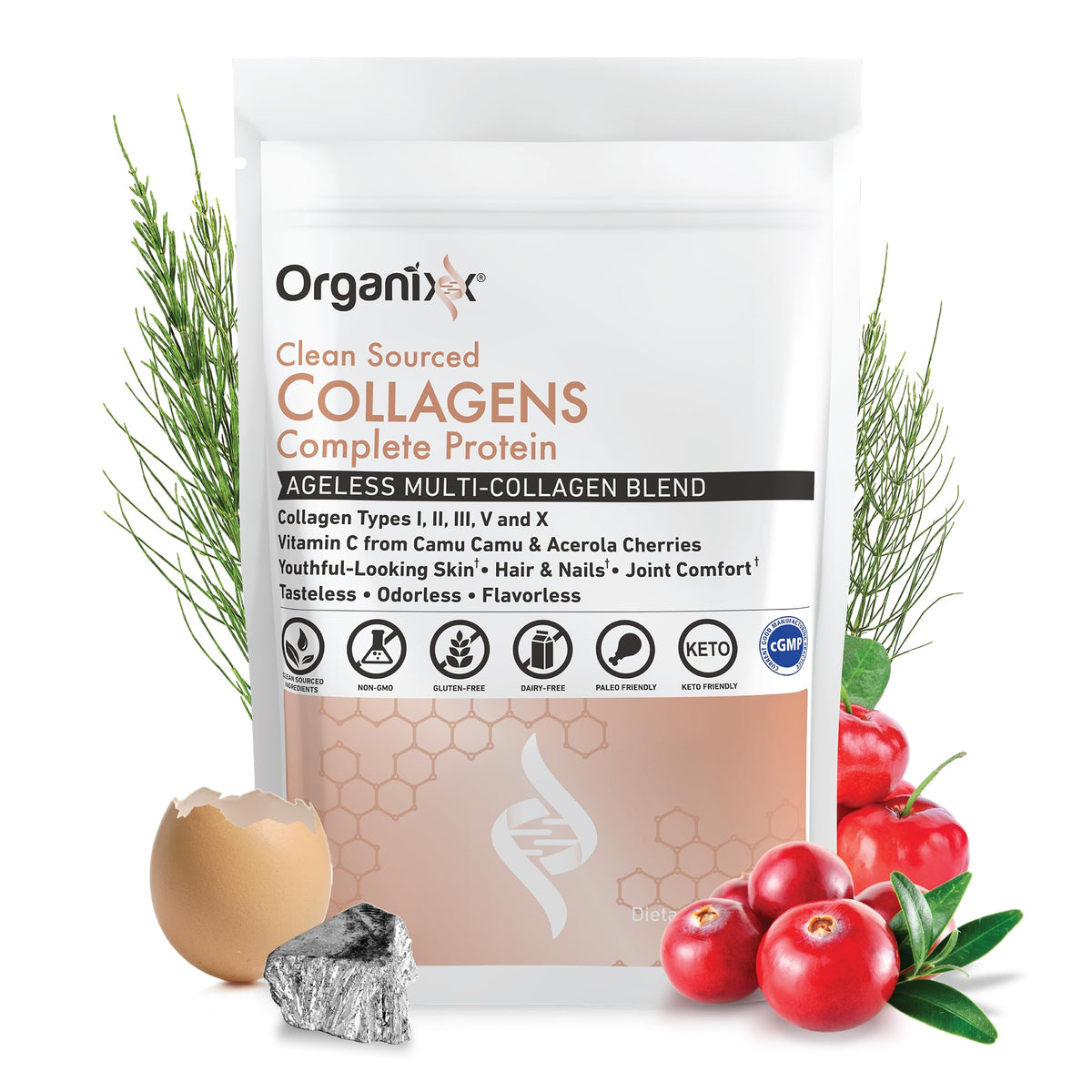 Organixx Collagène Peptides en poudre, texture fine, soutient peau et cheveux.
