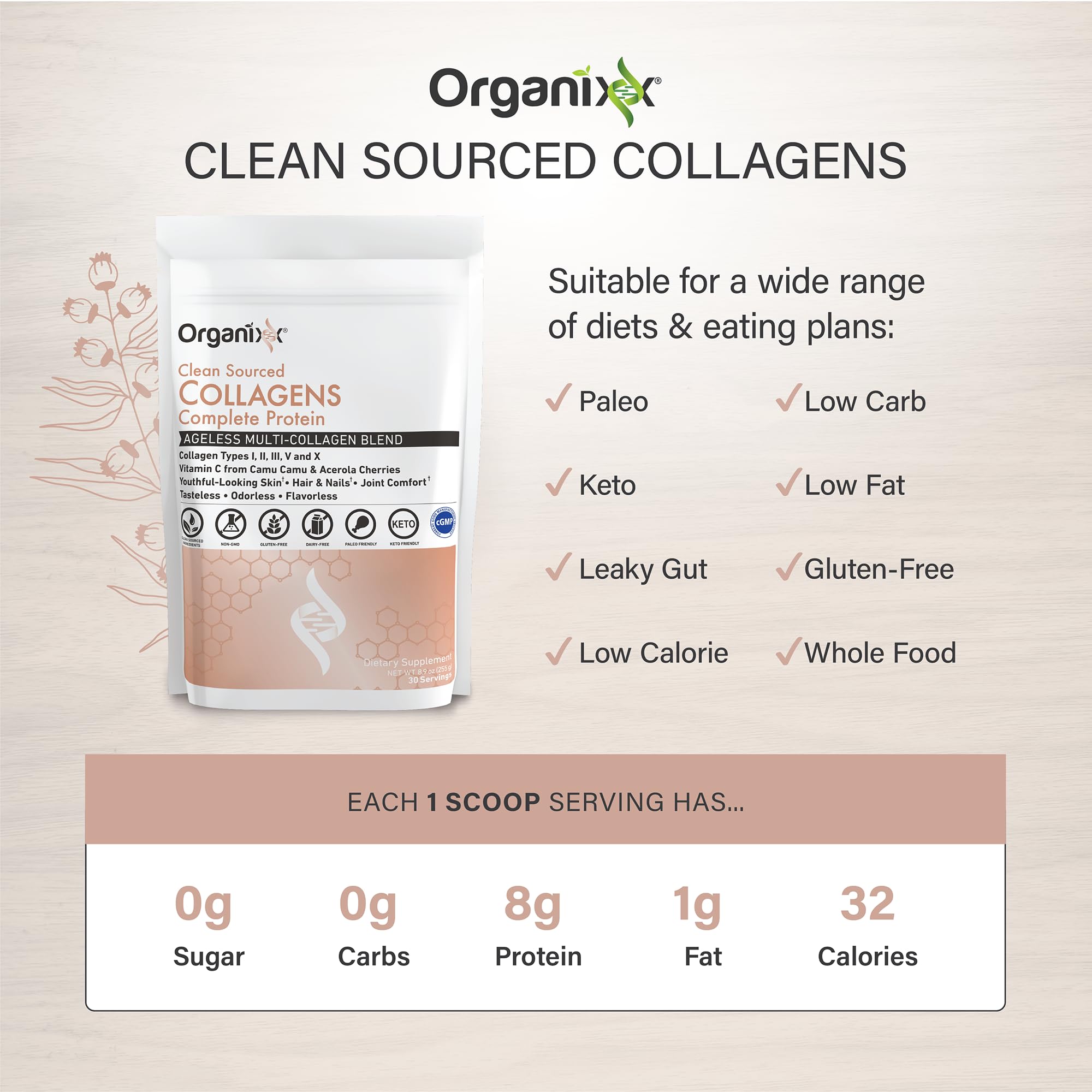 Organixx Poudre de collagène, soin peau, peau plus lisse et hydratée.
