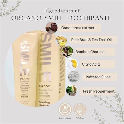 Organo OG Smile, extrait Ganoderma lucidum, suggère une action naturelle pour la brillance des dents.