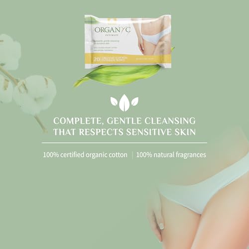 Organyc lingettes intimes coton bio – sans alcool ni parabènes pour peau sensible.