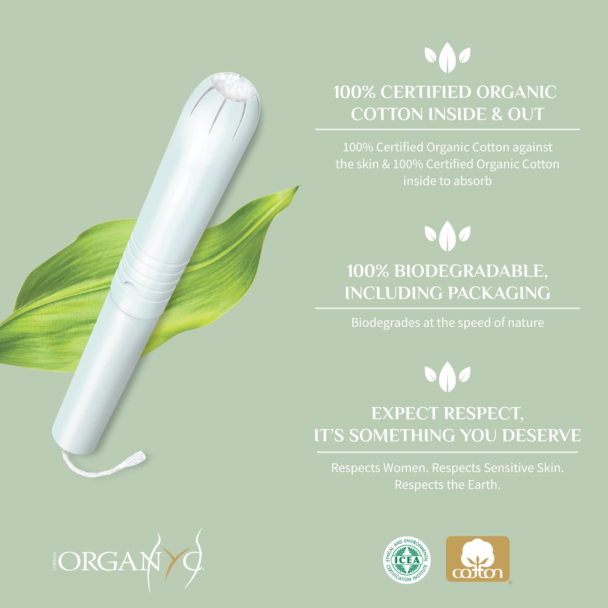 Tampons Organyc coton bio hypoallergénique sans parfum ni colorant.