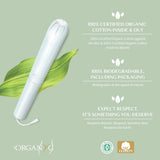 Tampons Organyc coton bio hypoallergénique sans parfum ni colorant.