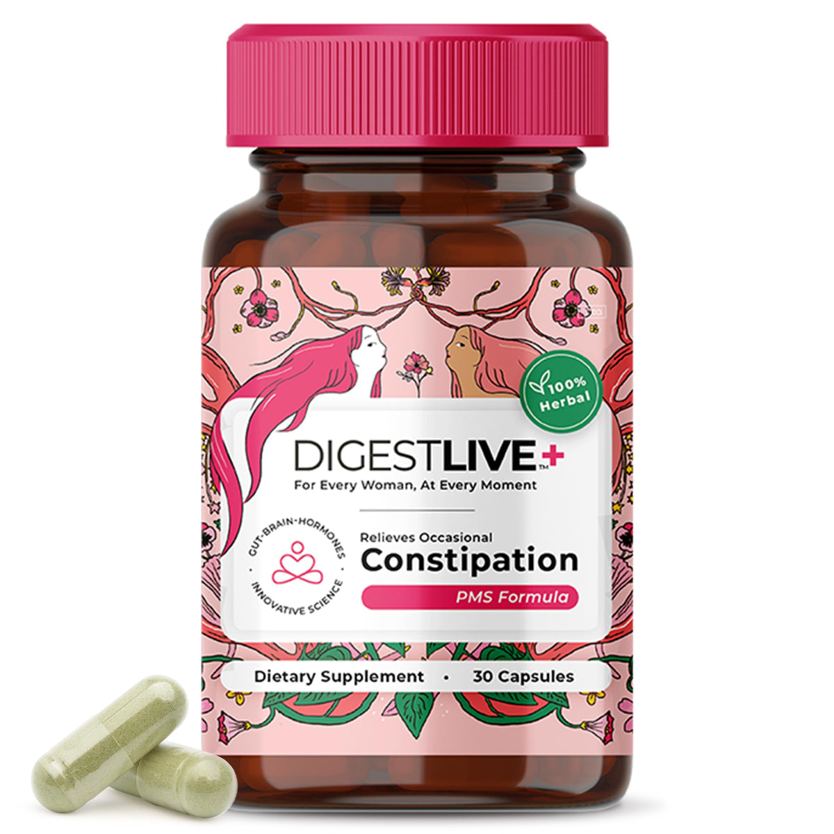 Organza DigestLive PMS – la bouteille et les capsules illustrent un soutien digestif doux pendant le cycle.