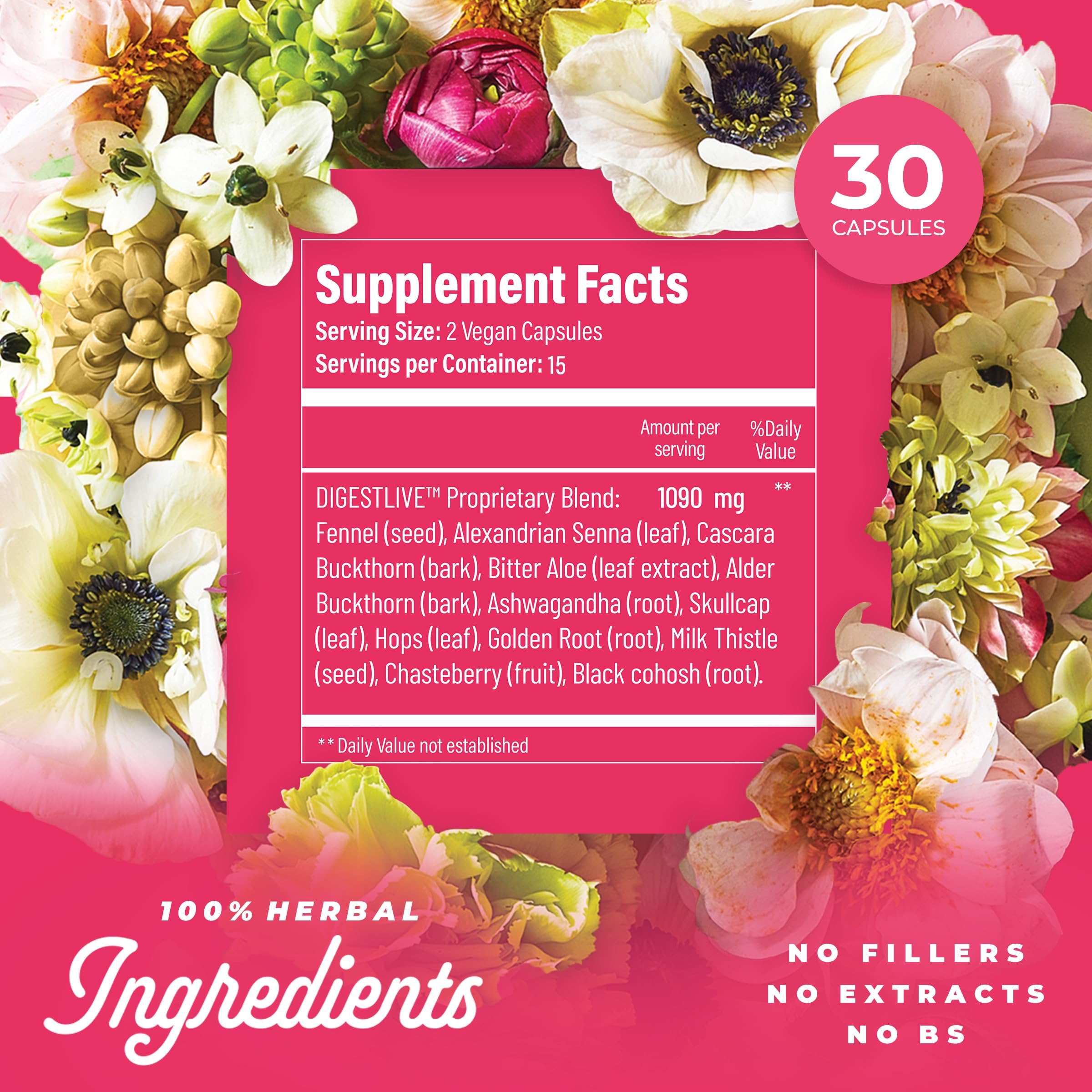 Organza DigestLive PMS – close-up sur les capsules et leur composition végétale.