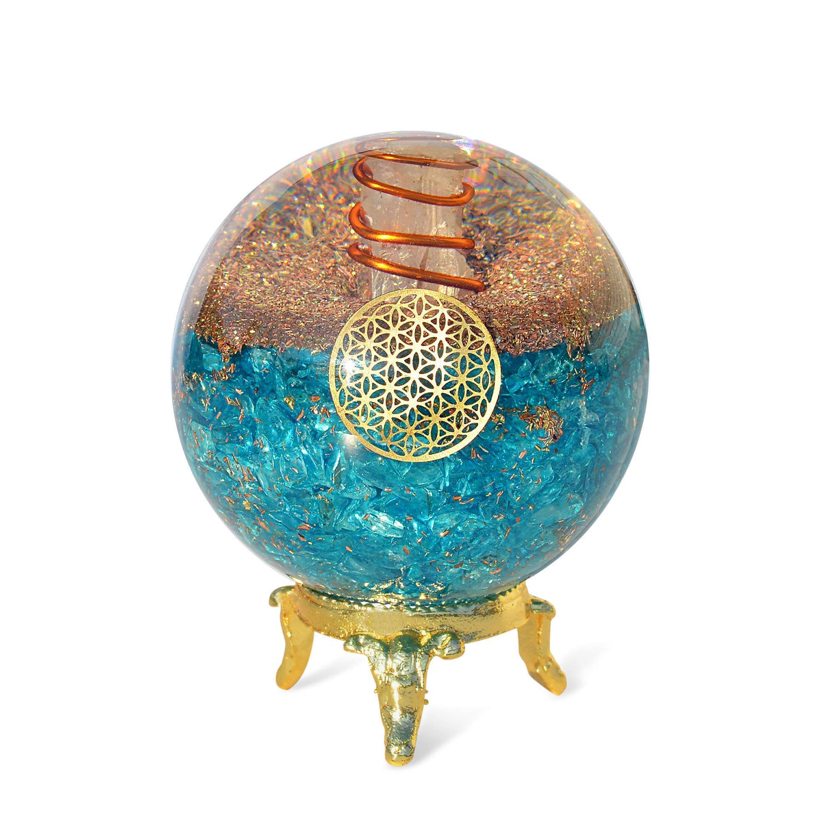 Orgonite Crystal boule d'aigue-marine bleue avec support, sérénité et énergie positive.