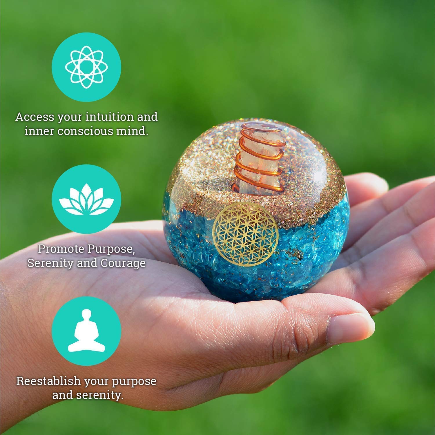 Orgonite Crystal placement dans votre espace, boule bleue comme point focal énergie.