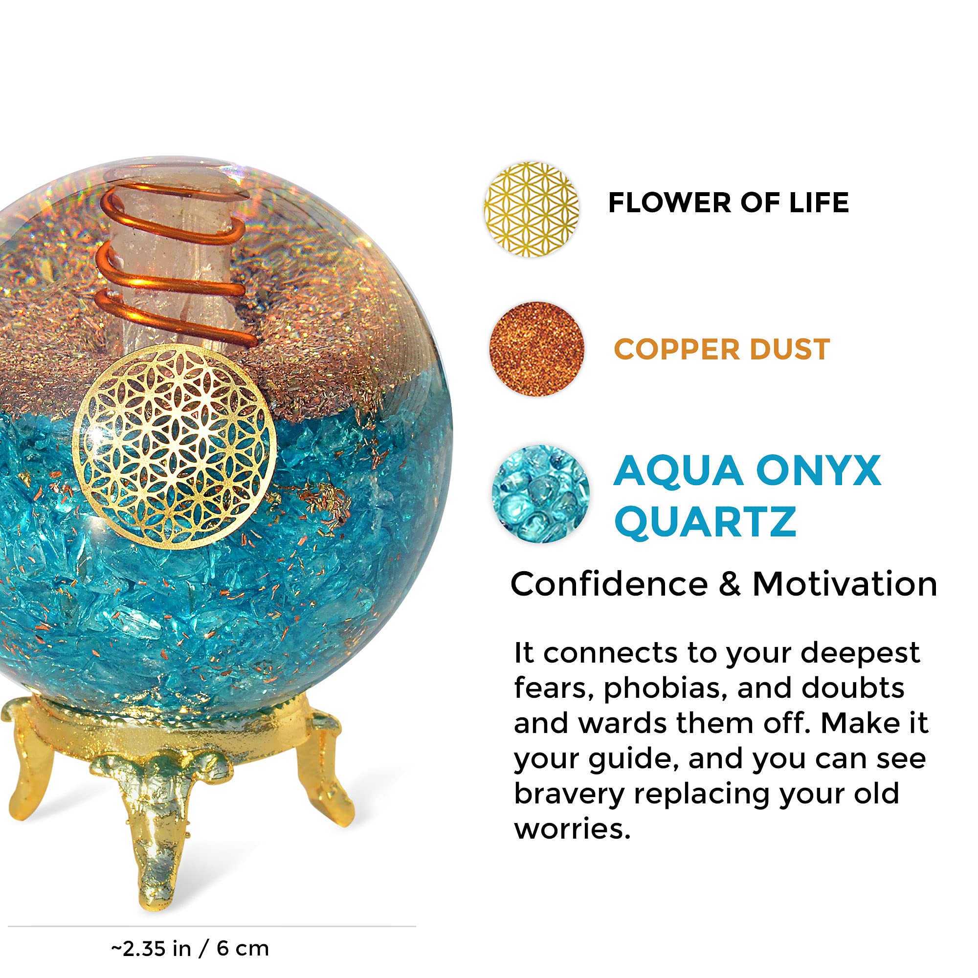 Orgonite Crystal gros plan sur boule d'aigue-marine bleue, concentration et harmonie.