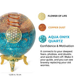 Orgonite Crystal gros plan sur boule d'aigue-marine bleue, concentration et harmonie.