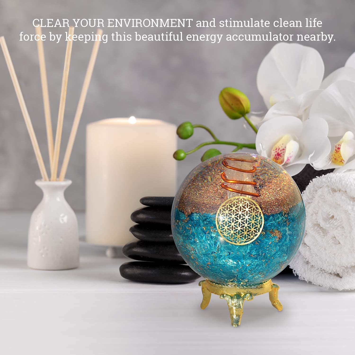 Orgonite Crystal sur support détail fleur de vie, énergie équilibrante.