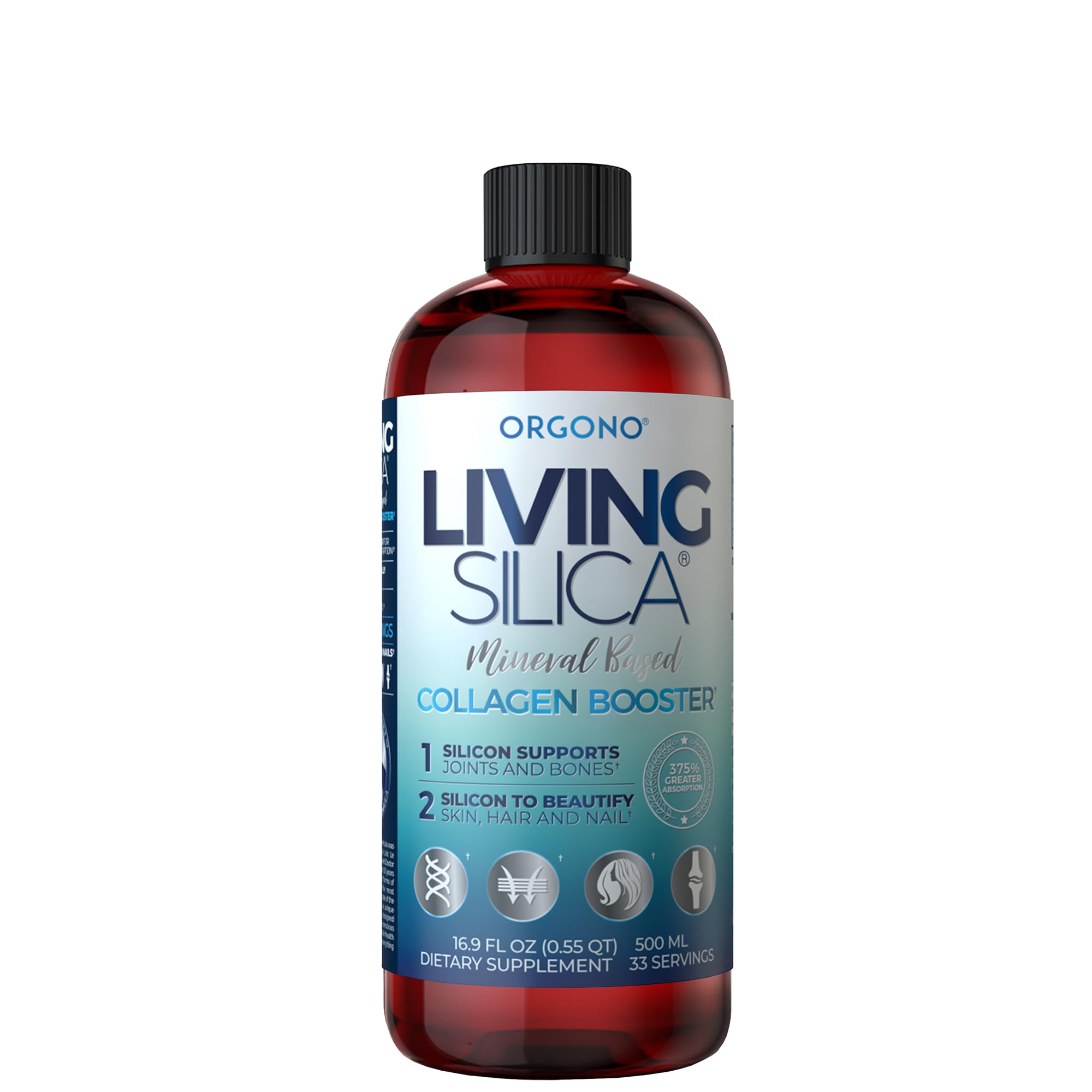 Orgono Living Silica, bouteille et étiquette, soutien cutané potentiel.