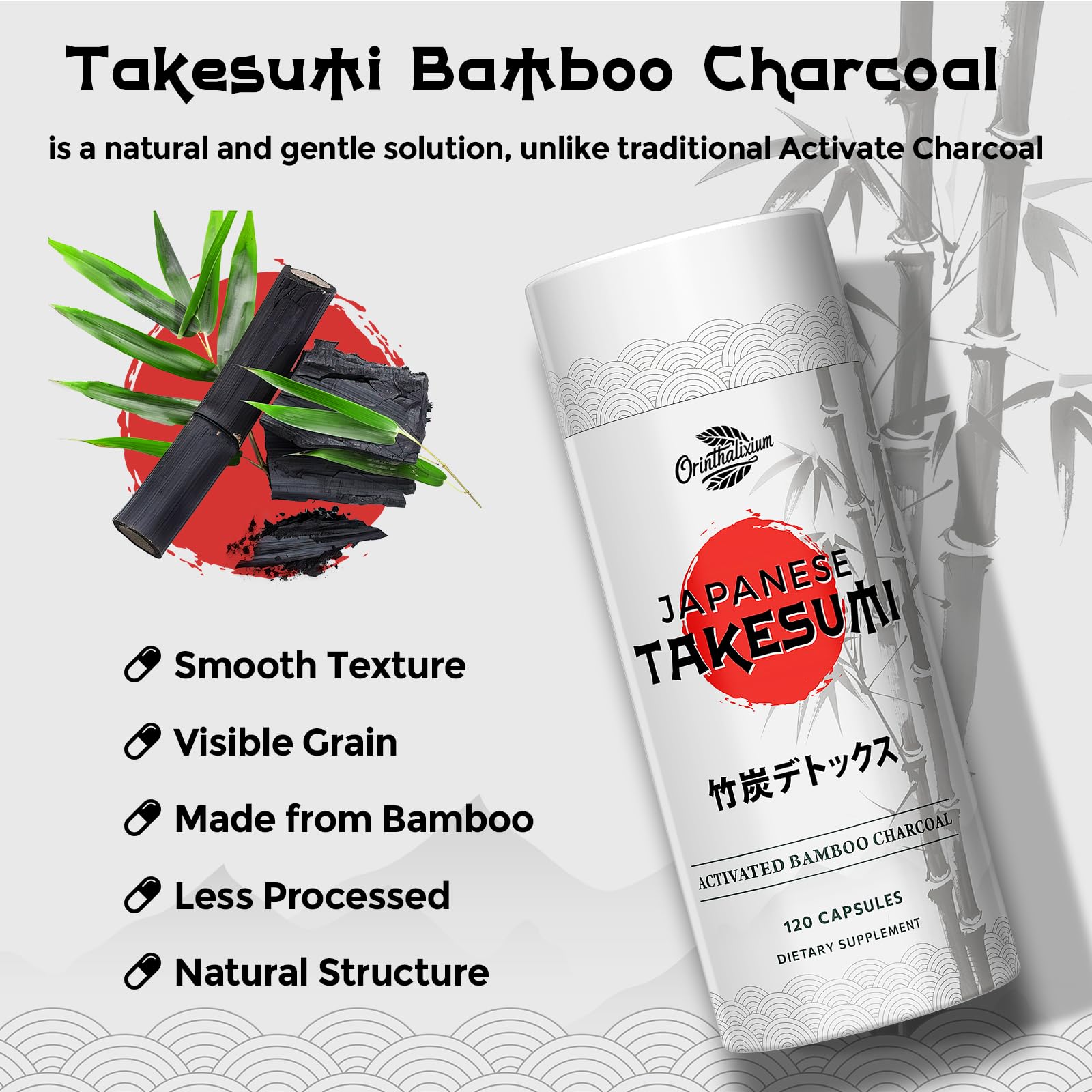 Orinthalixium Takesumi: charbon naturel de bambou, surface poreuse pour adsorption efficace.