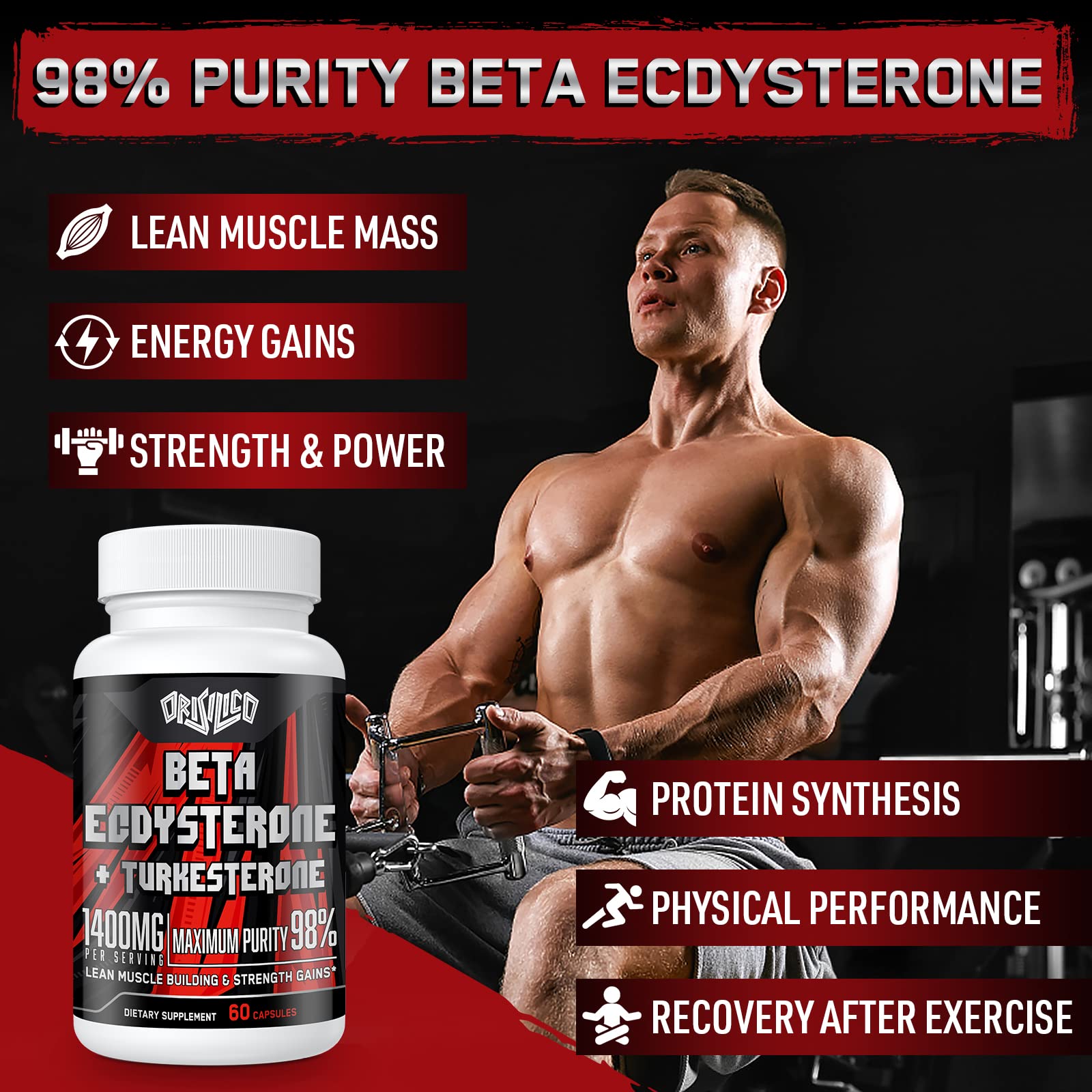 Doseur affichant 1200 mg bêta-ecdystérone et 200 mg turkestérone par portion.