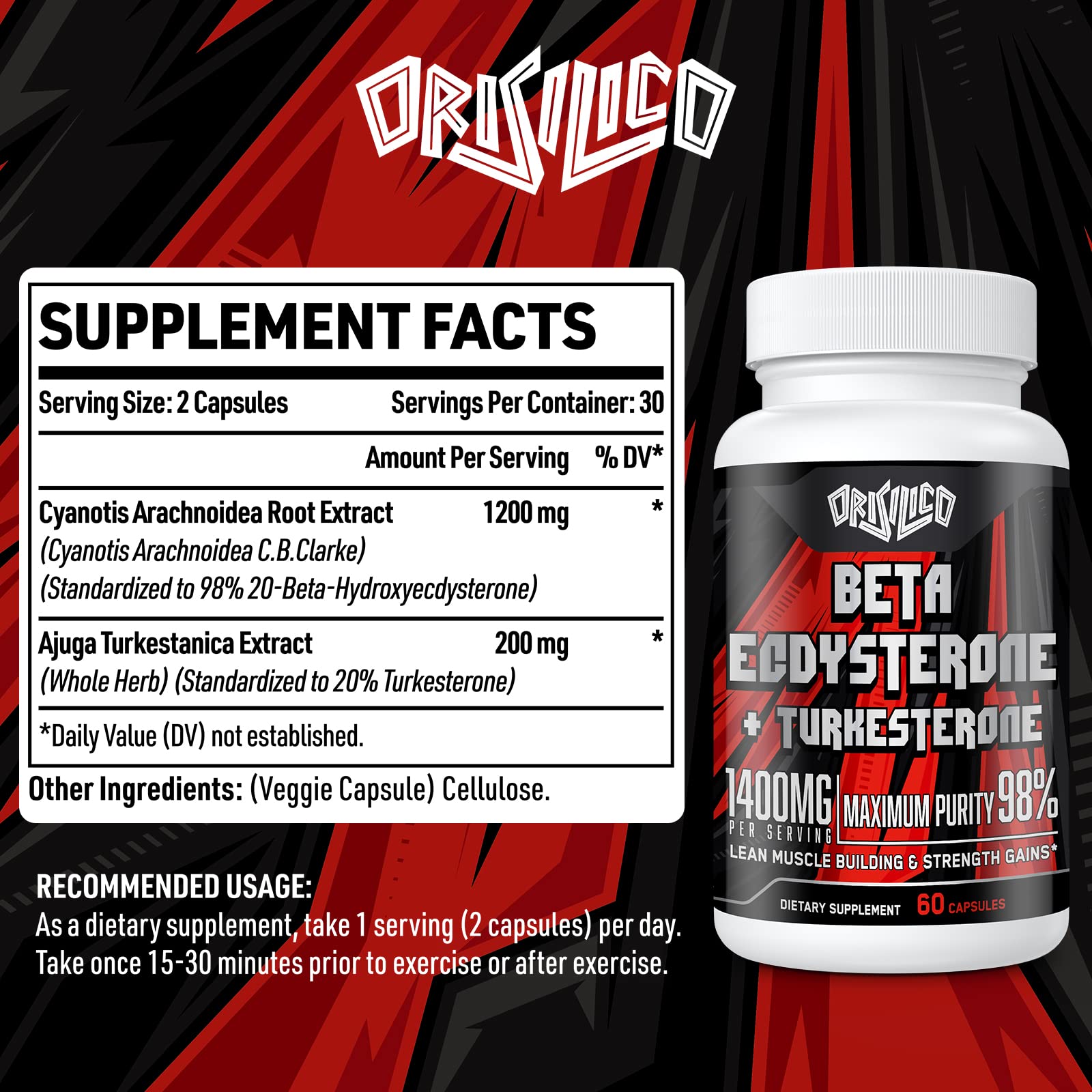Gélules Orisilico betaecdysterone-turkesterone, formulation optimisée pour absorption.
