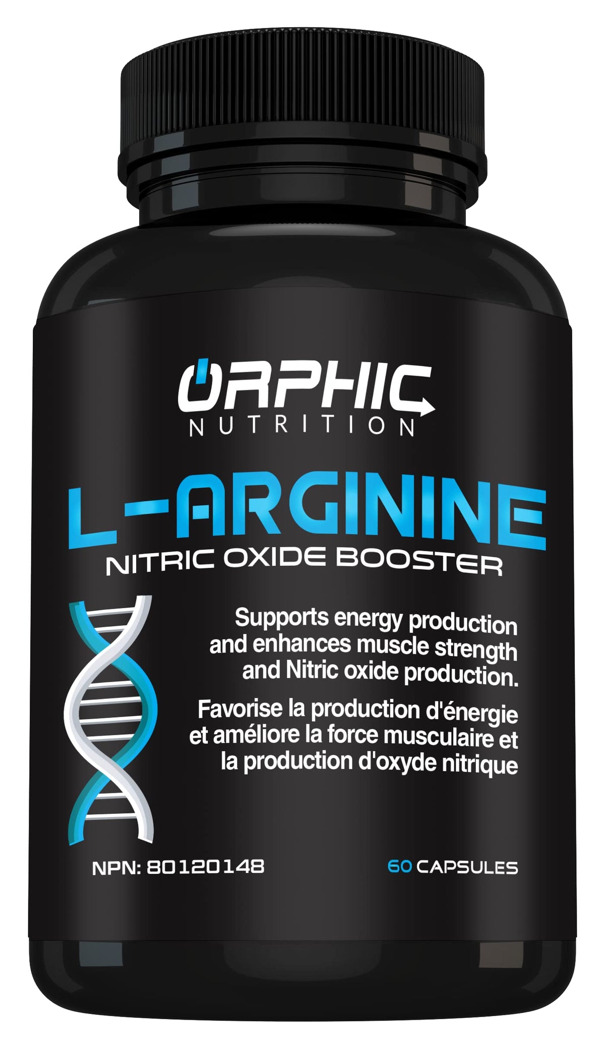 Boîte ORPHIC NUTRITION L-arginine pour soutien musculaire et énergie.