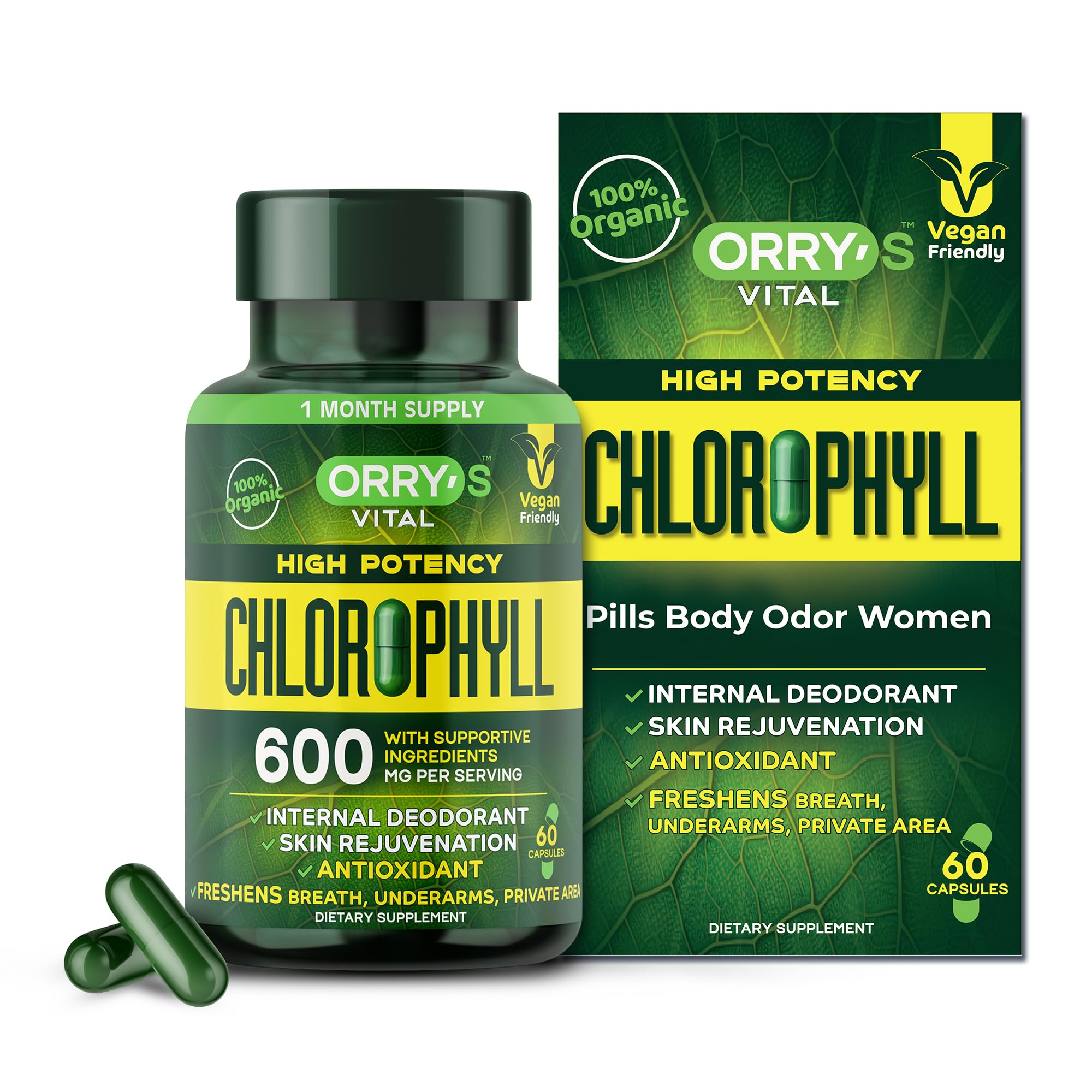 Orry's Vital chlorophylle, capsules 600 mg, détox légère pour le quotidien.