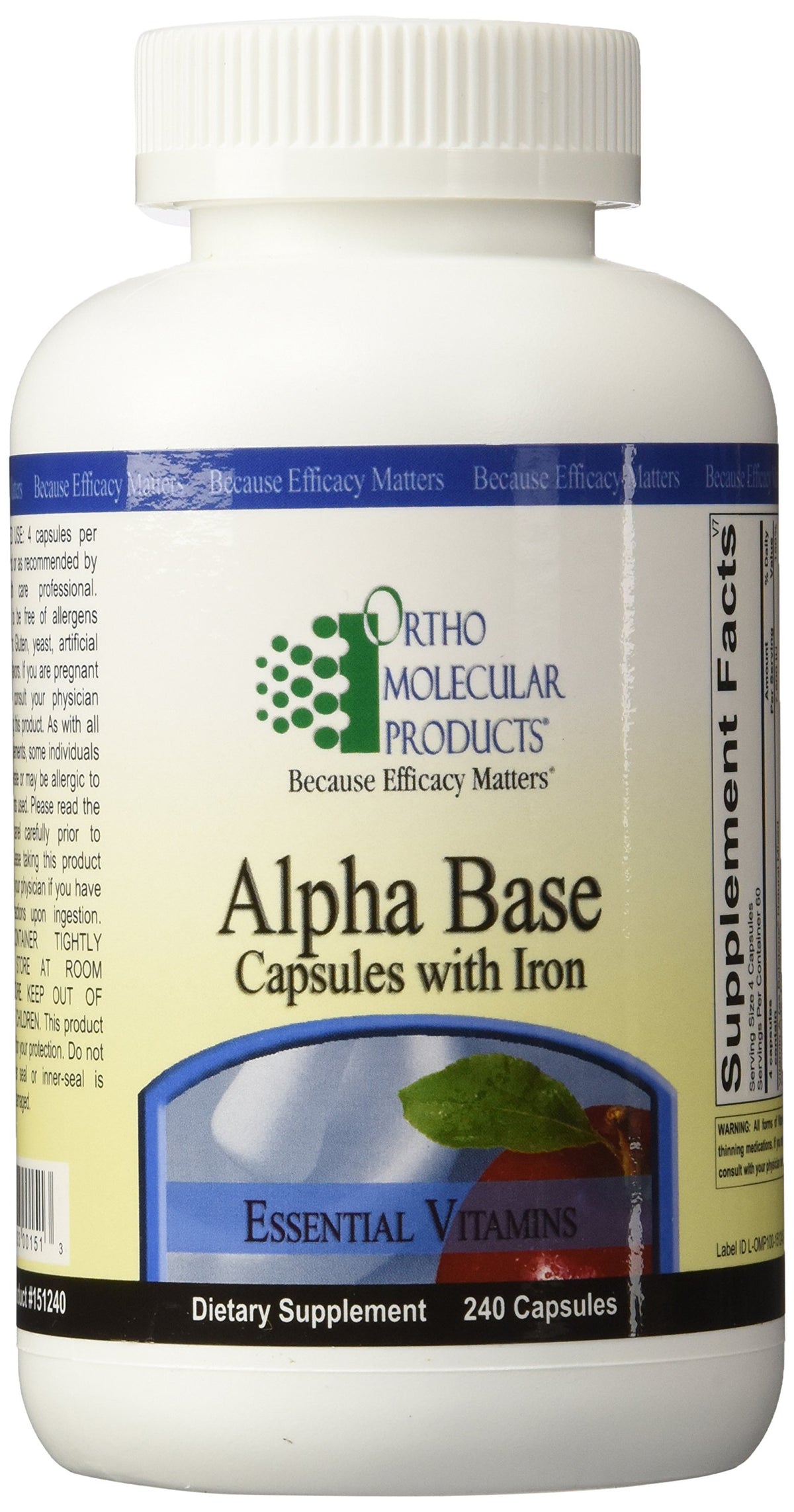 Ortho Alpha Base: capsules-fer dans une bouteille, soutien nutritionnel quotidien possible.